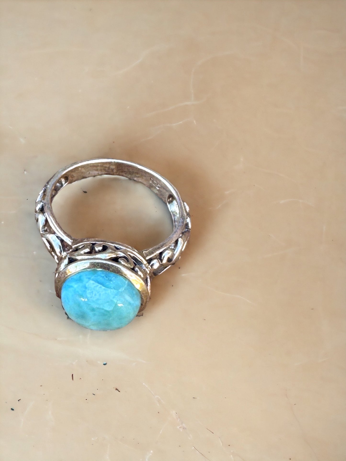 Big Larimar Decorated Band Sterling Silver Ring