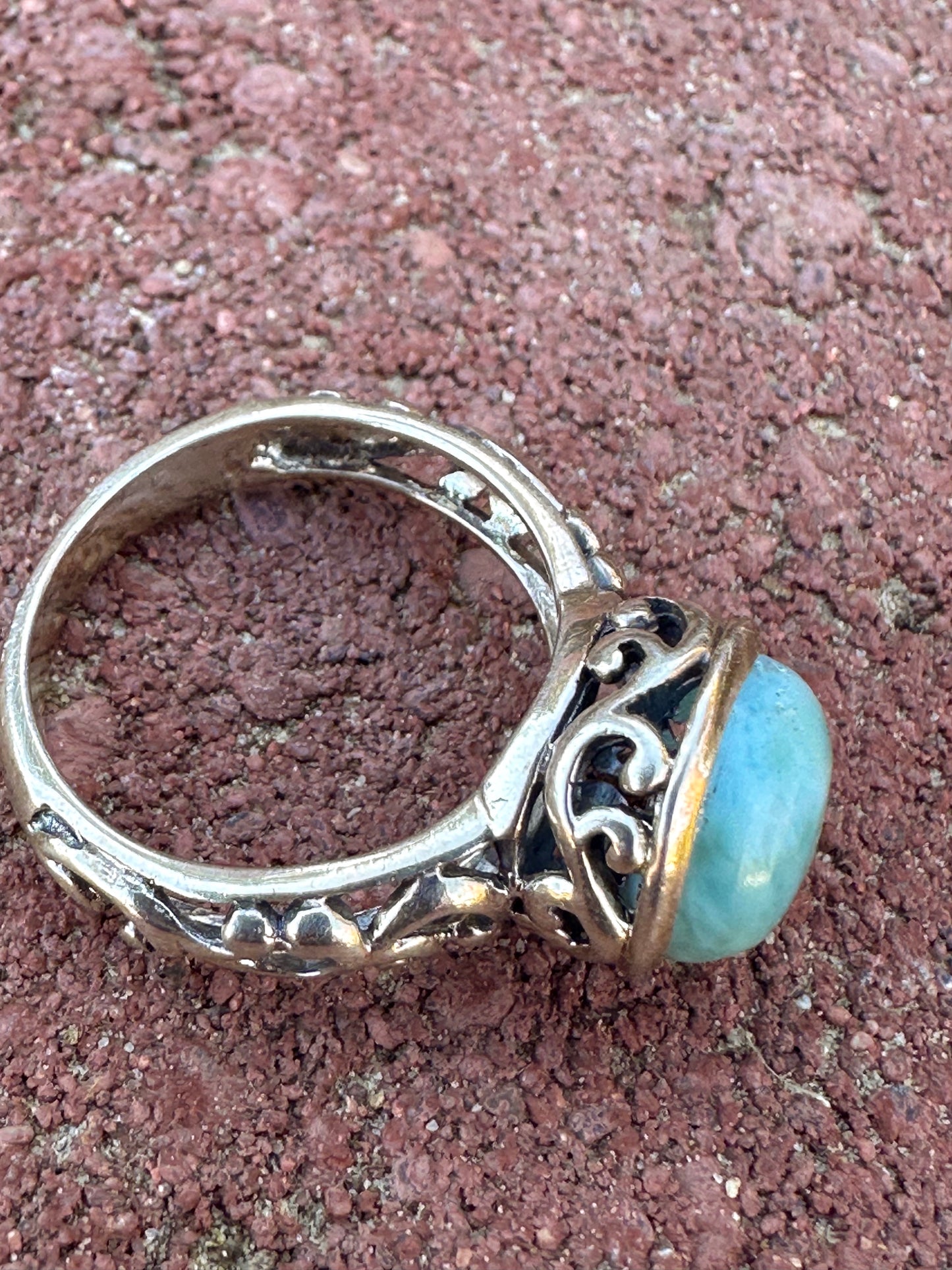 Big Larimar Decorated Band Sterling Silver Ring