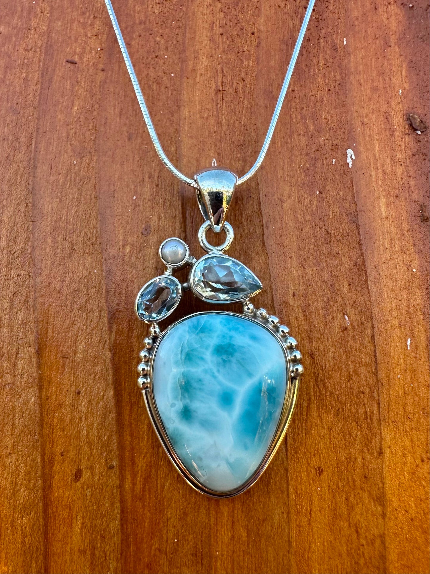 Larimar Teardrop Blue Topaz & Pearl Sterling Silver Necklace