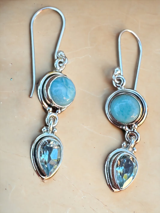 Round Larimar & Teardrop Blue Topaz Sterling Silver Earrings