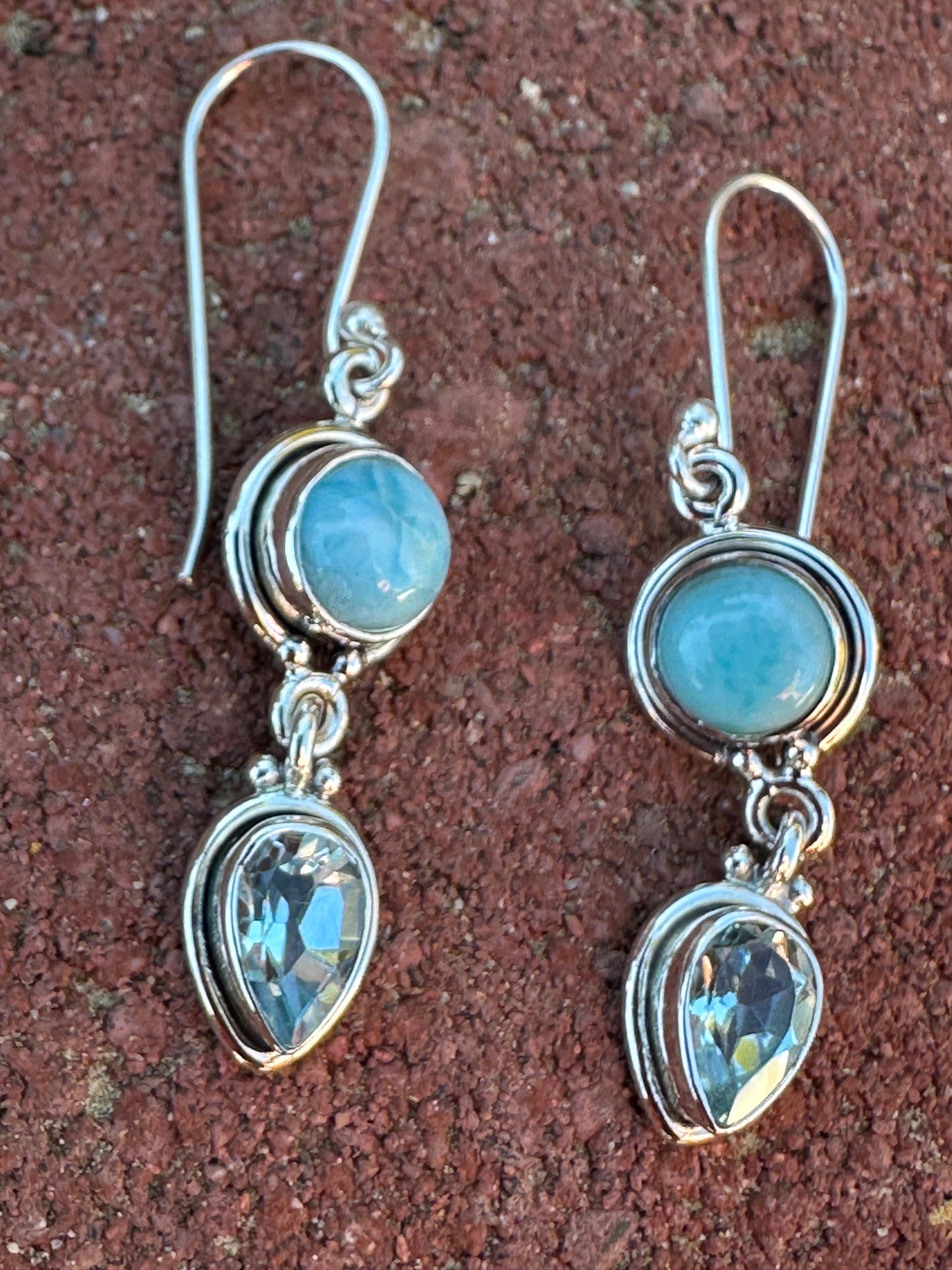 Round Larimar & Teardrop Blue Topaz Sterling Silver Earrings