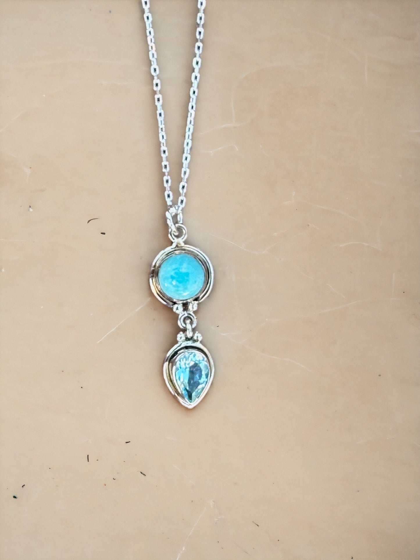 Round Larimar & Teardrop Blue Topaz Sterling Silver Necklace