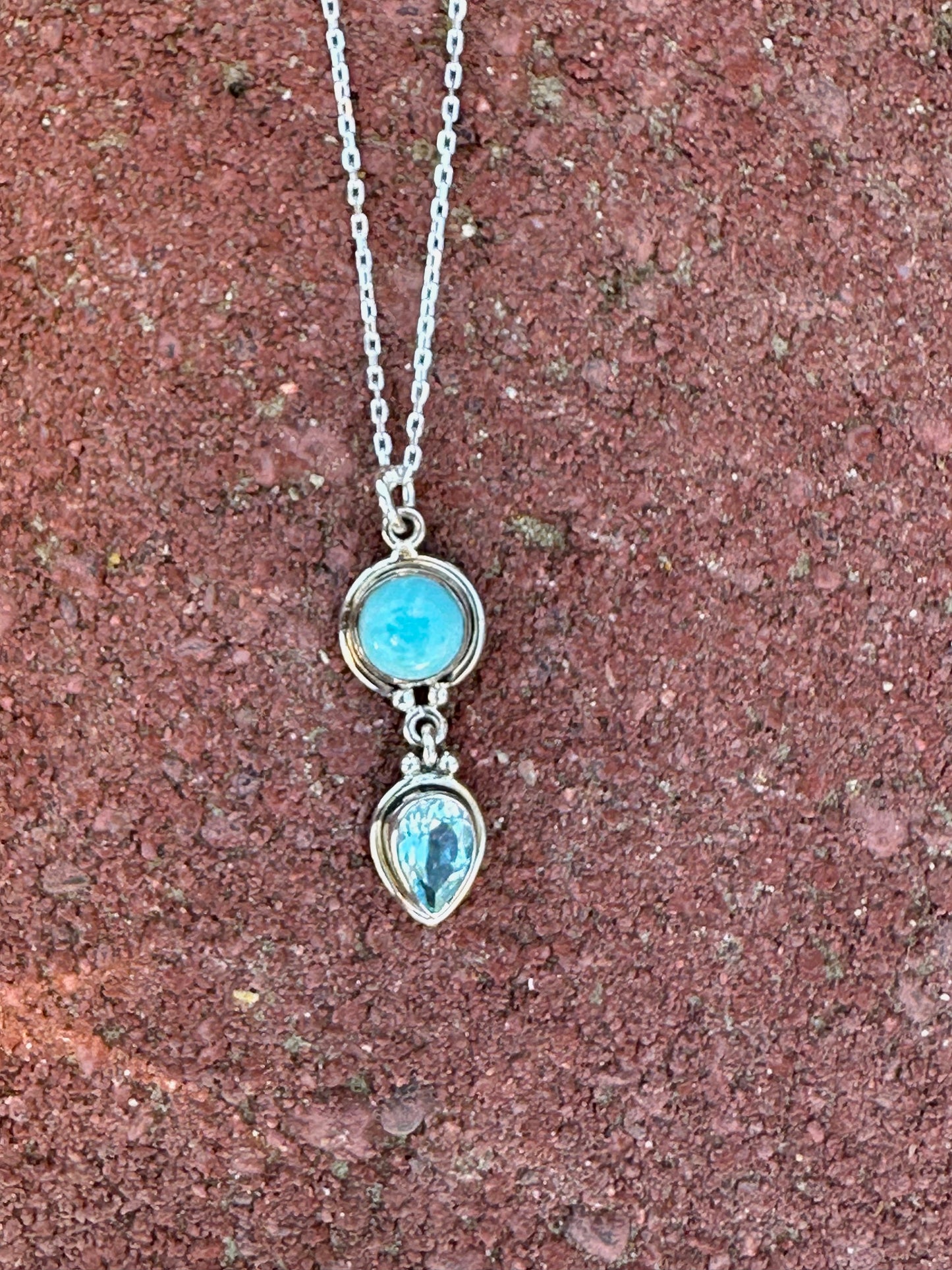 Round Larimar & Teardrop Blue Topaz Sterling Silver Necklace
