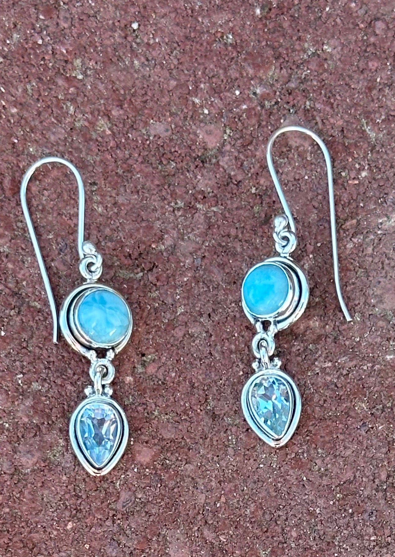 Round Larimar & Teardrop Blue Topaz Sterling Silver Earrings