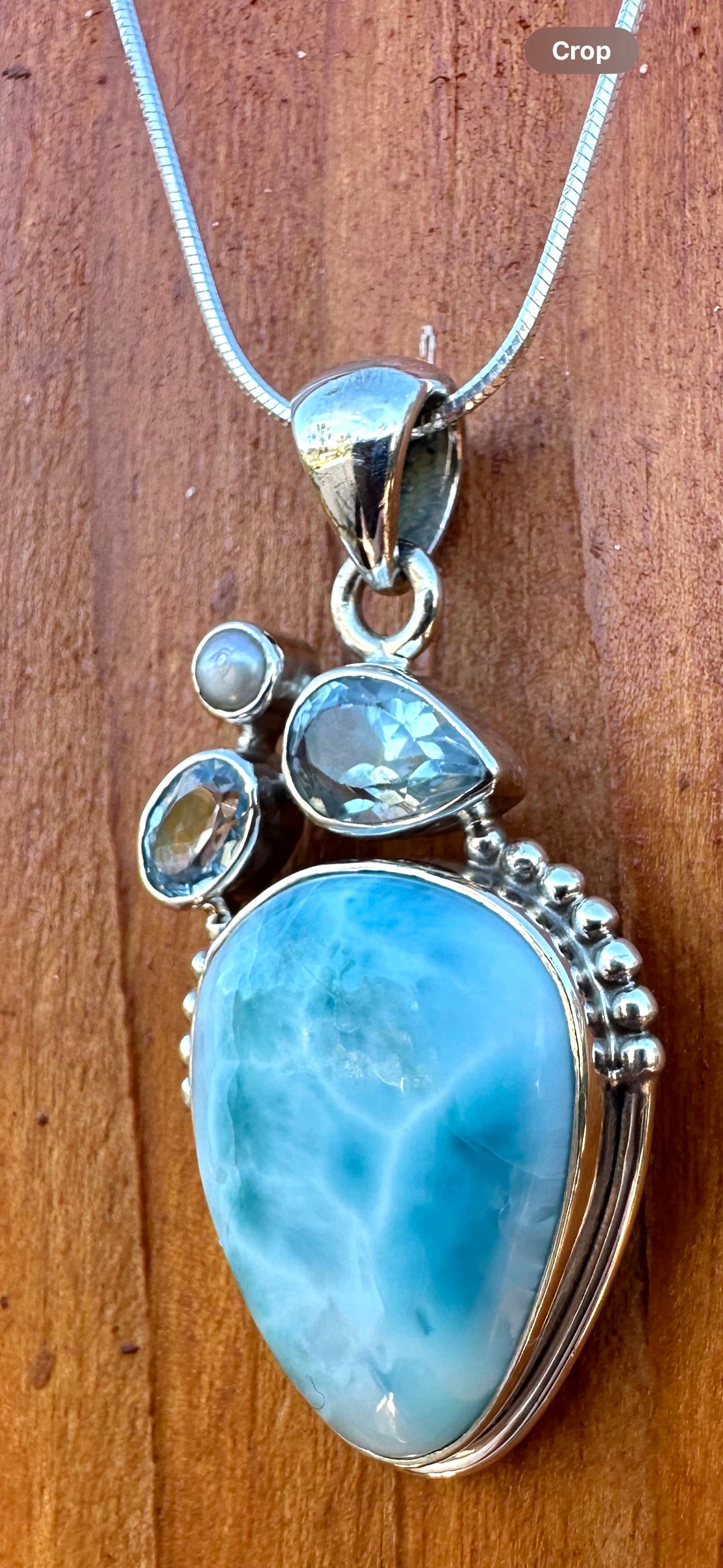 Larimar Teardrop Blue Topaz & Pearl Sterling Silver Necklace