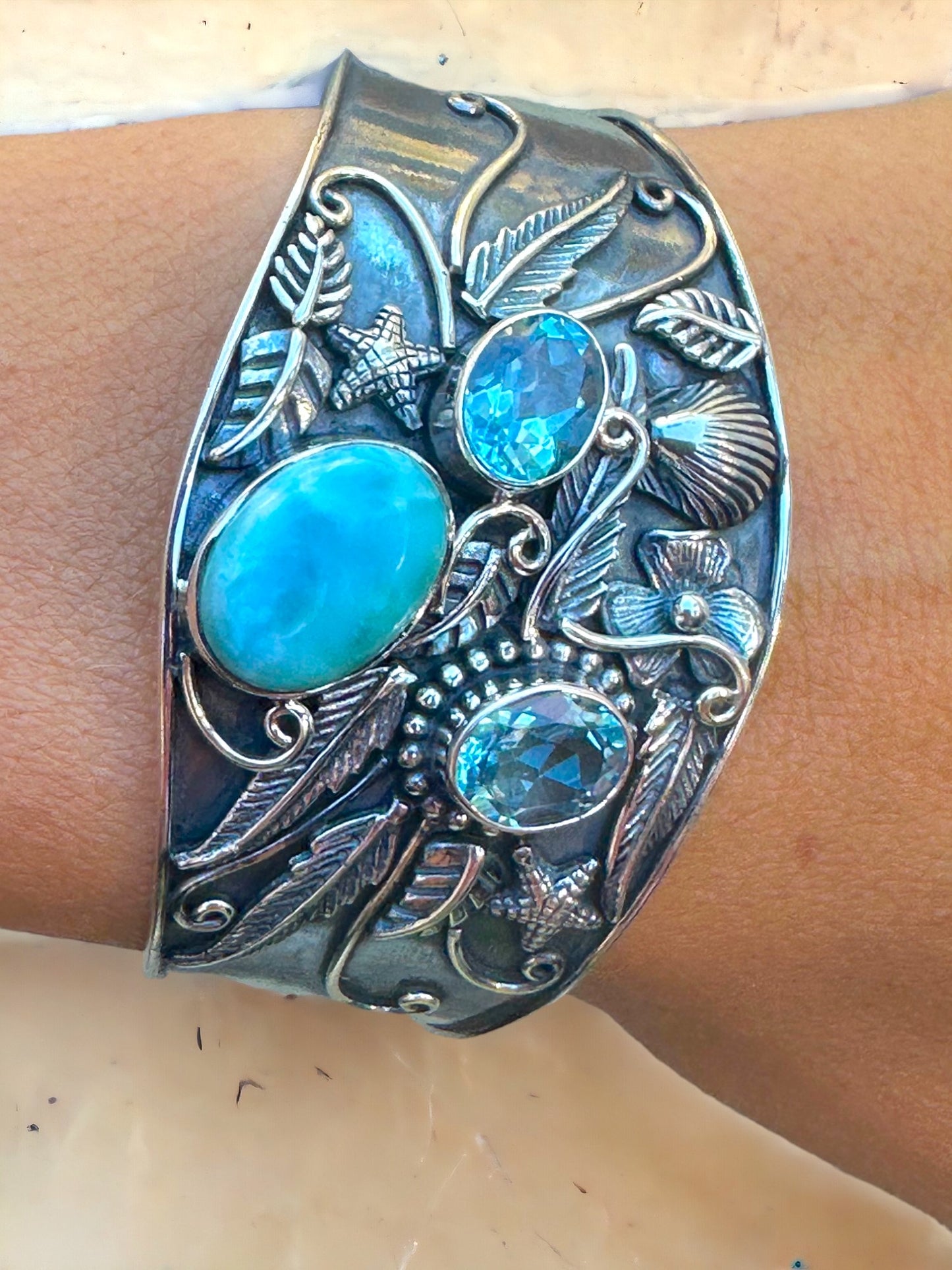 Oval Larimar & Blue Topaz Bracelet (Cuff)
