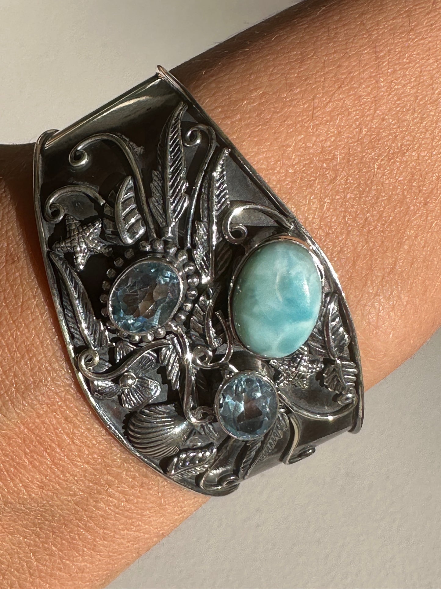 Oval Larimar & Blue Topaz Bracelet (Cuff)