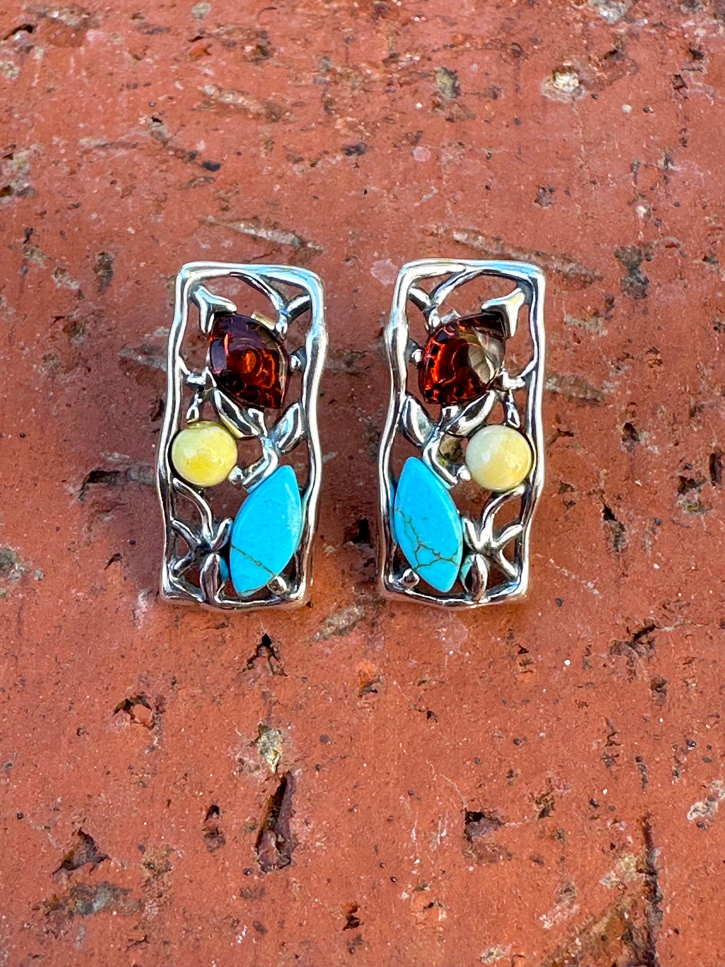 Turquoise & Amber Rectangle Sterling Silver Post Earrings