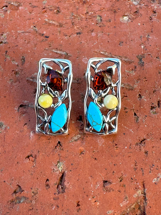 Turquoise & Amber Rectangle Sterling Silver Post Earrings