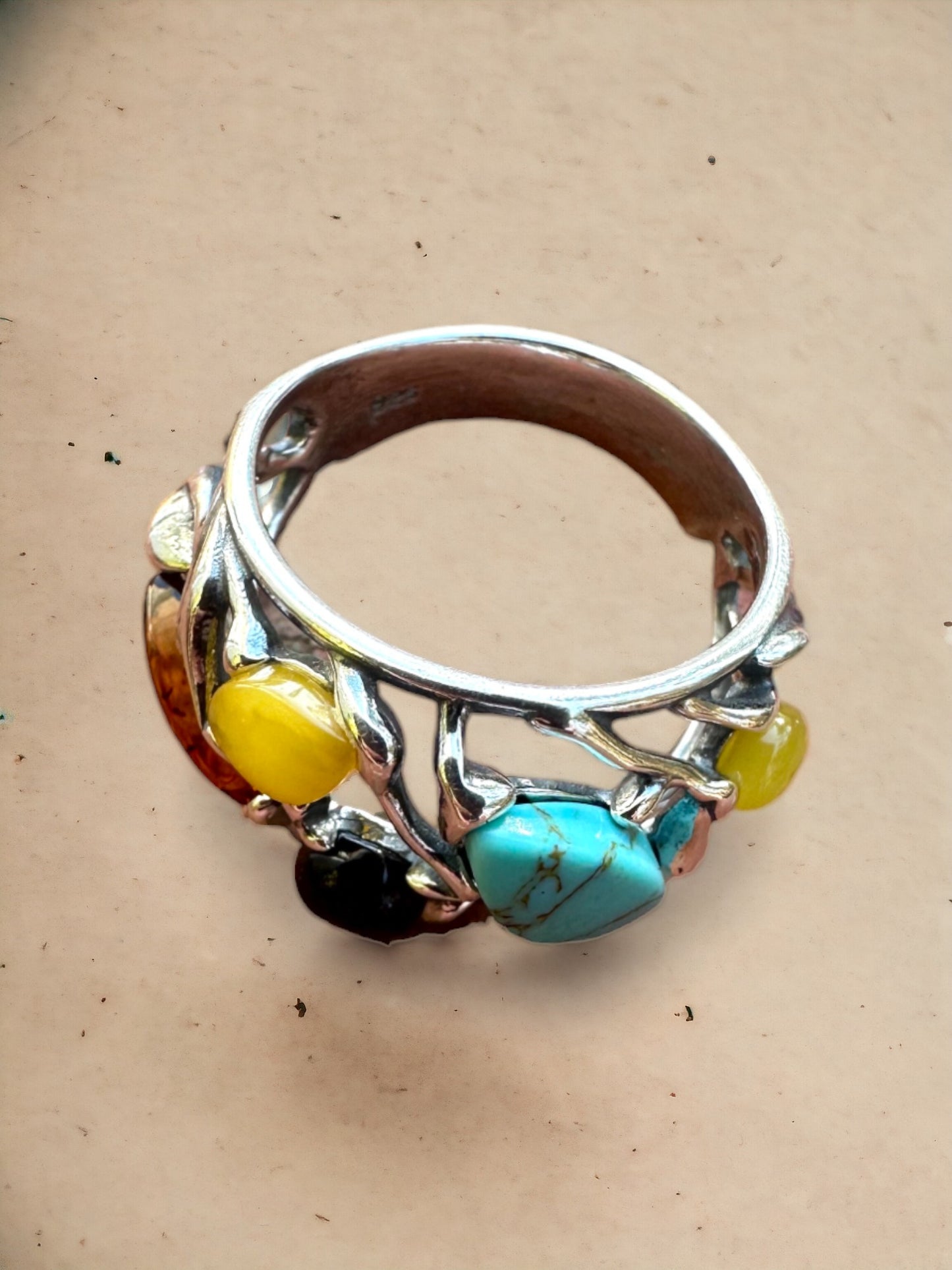 Turquoise & Garnet Milky Amber Decorative Sterling Silver Ring