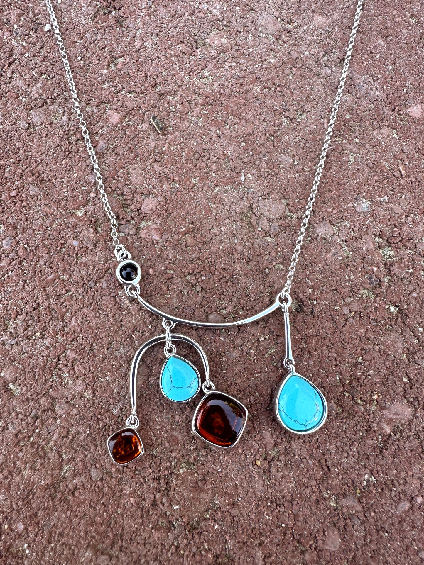 Turquoise & Amber Sterling Silver Necklace