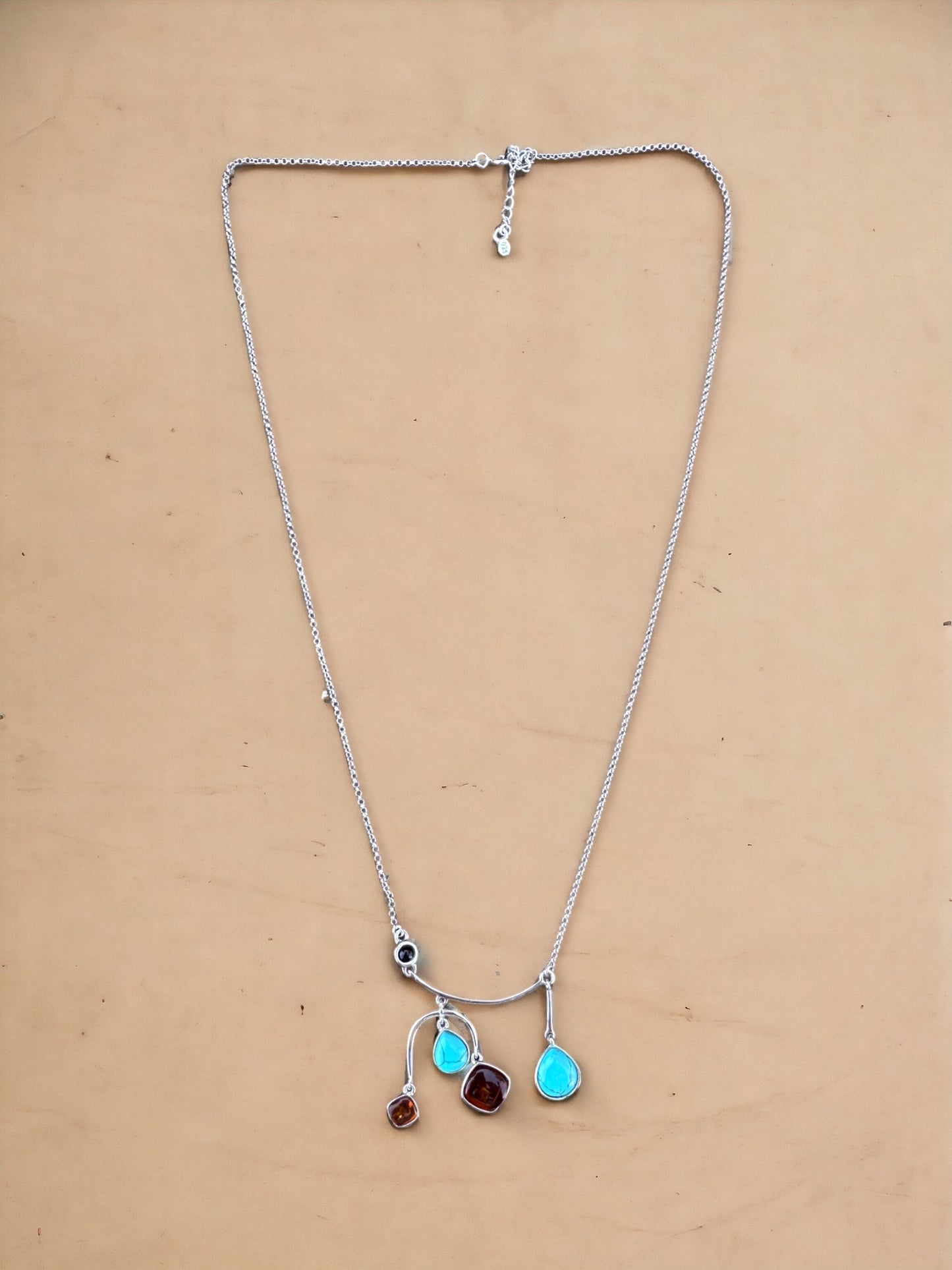 Turquoise & Amber Sterling Silver Necklace