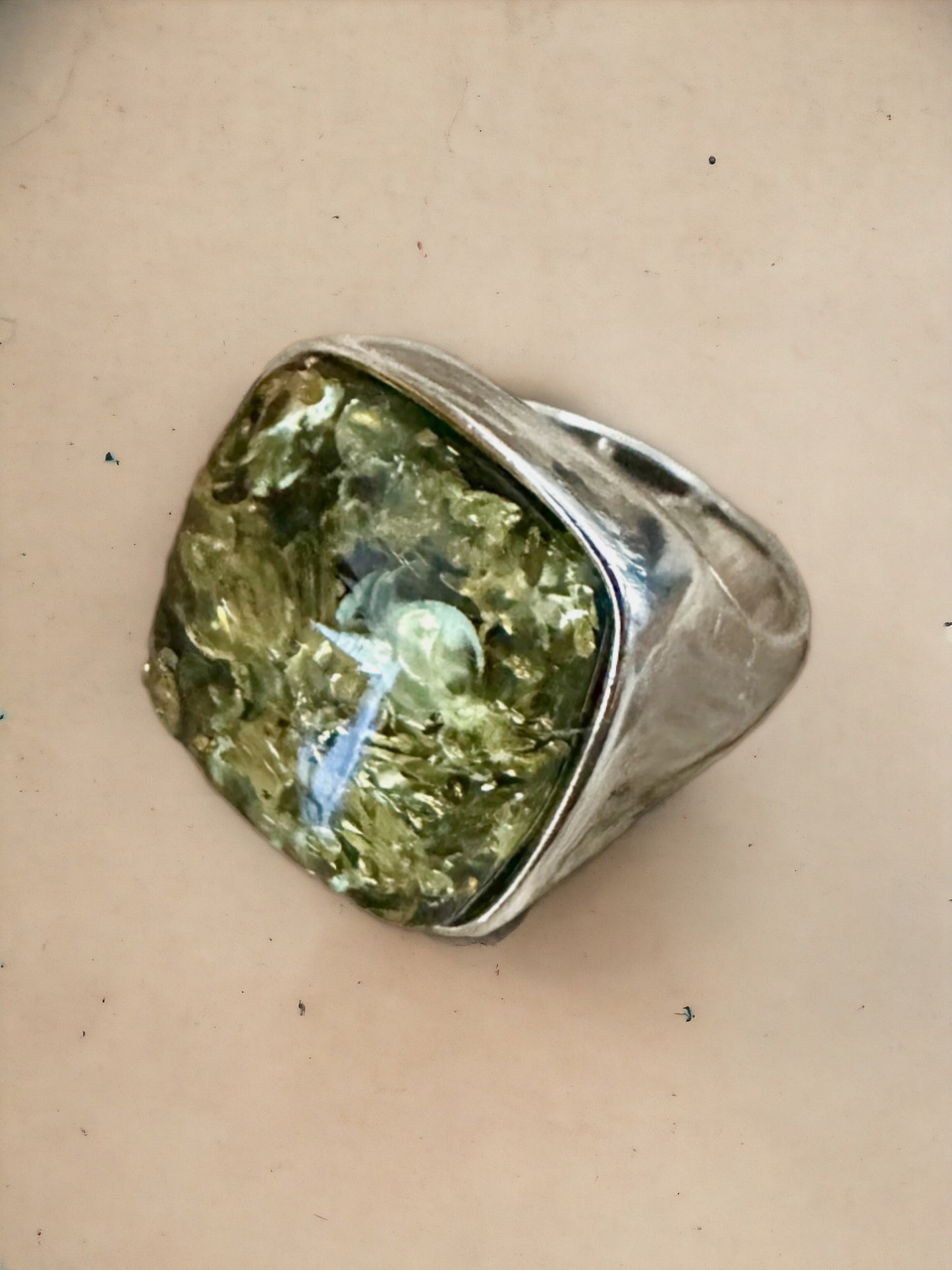 Green Amber Sterling Silver Ring