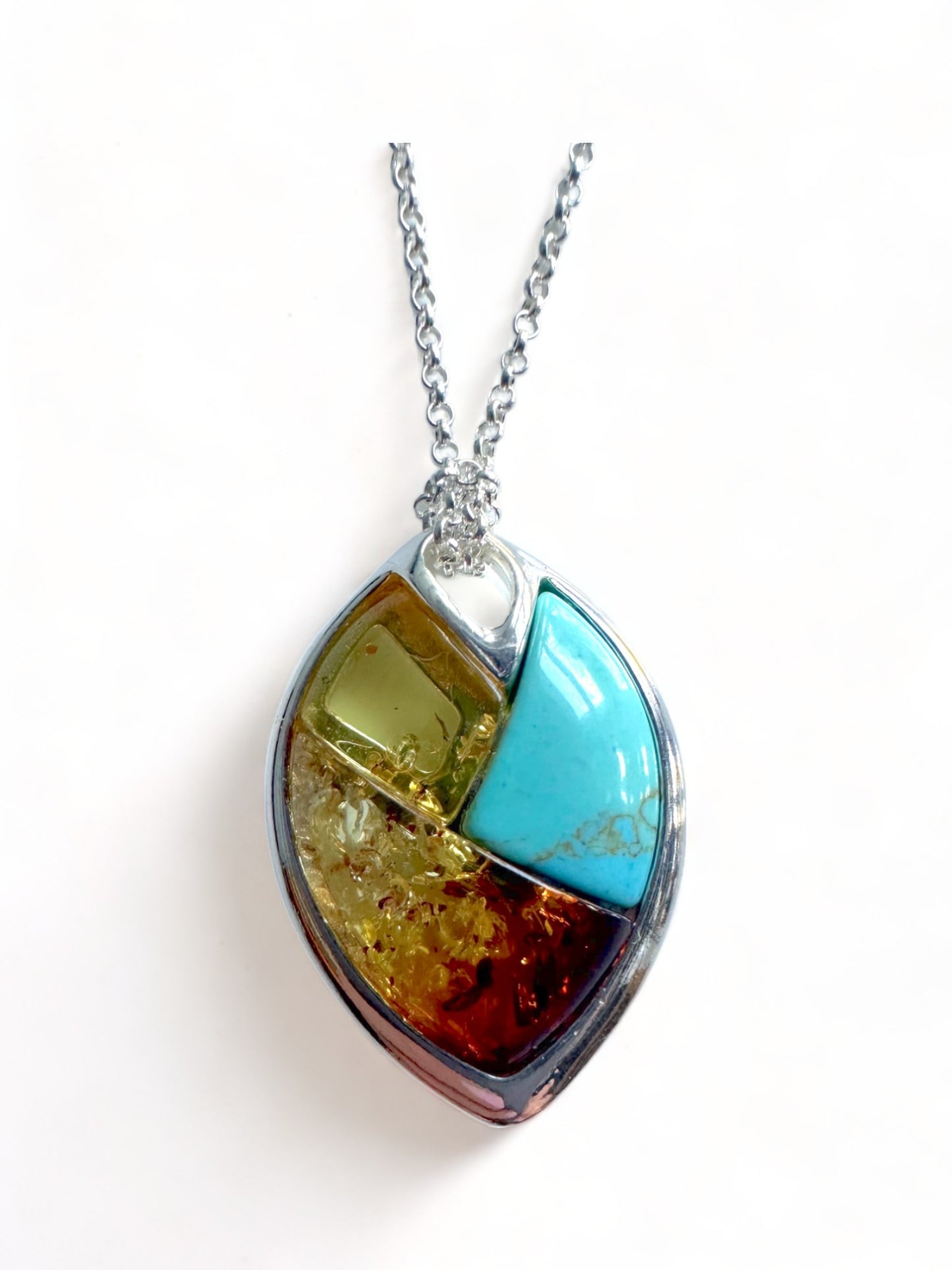 Turquoise & Amber Sterling Necklace