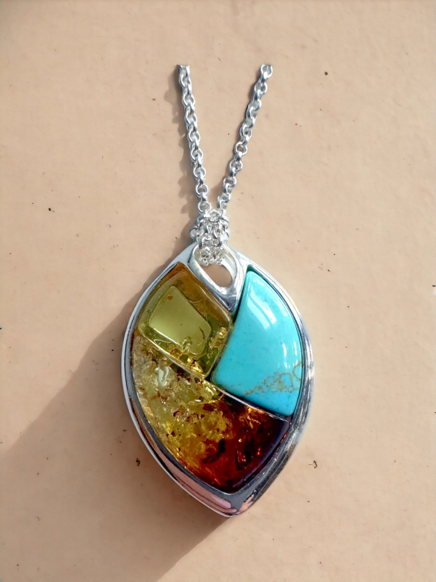 Turquoise & Amber Sterling Necklace
