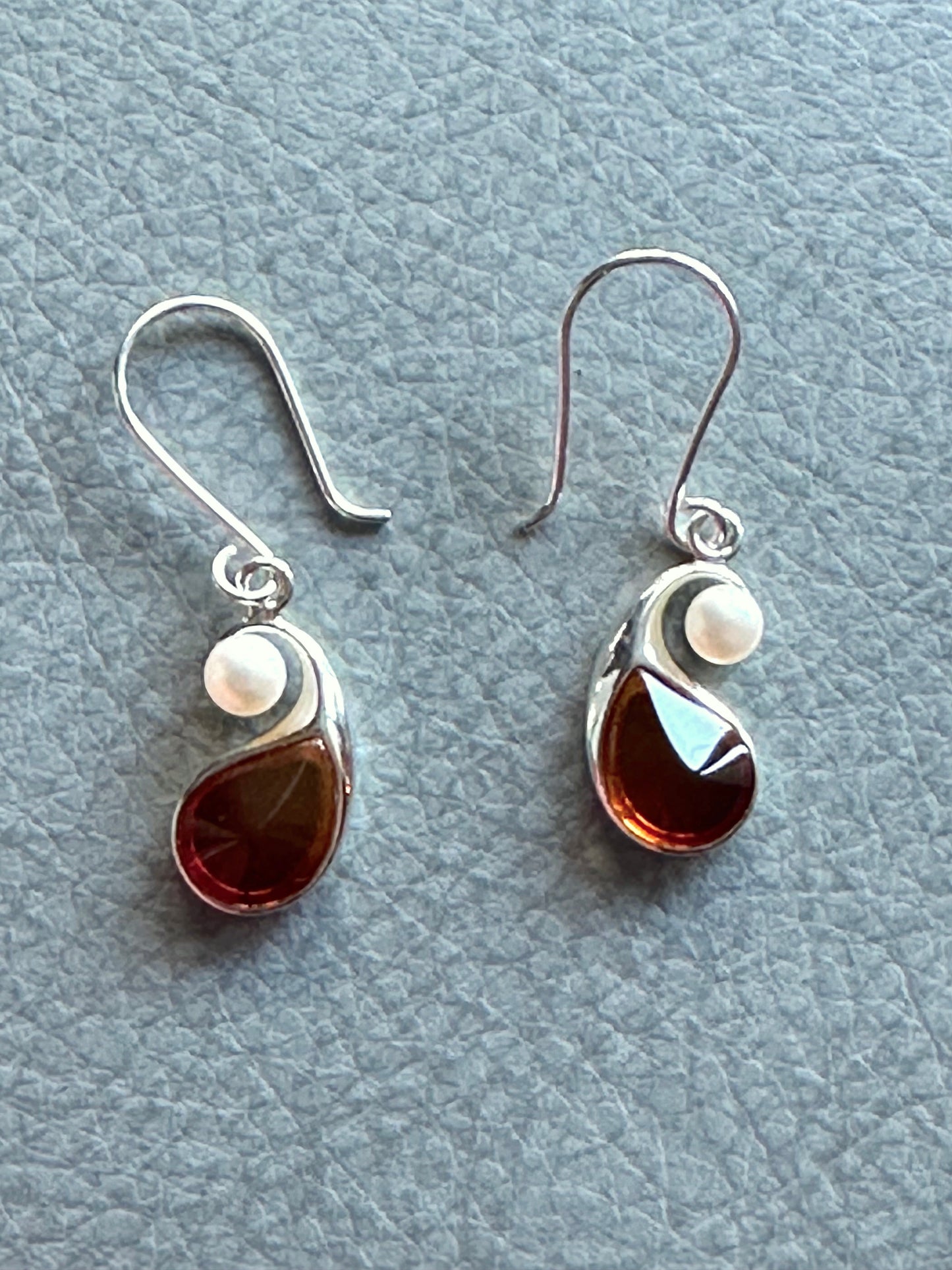 White Pearl Sunset Teardrop Amber Sterling Silver Post Earrings