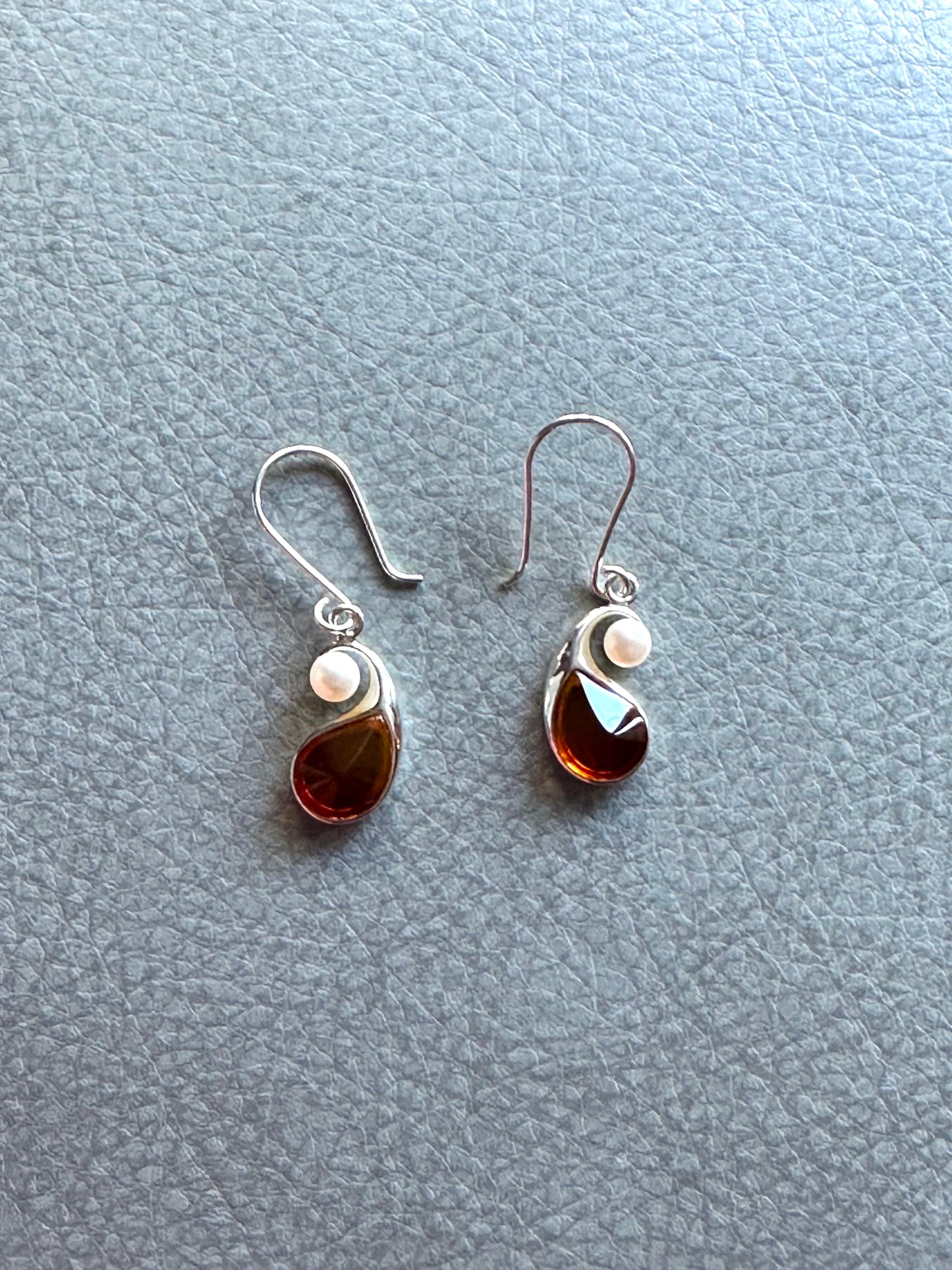 White Pearl Sunset Teardrop Amber Sterling Silver Post Earrings
