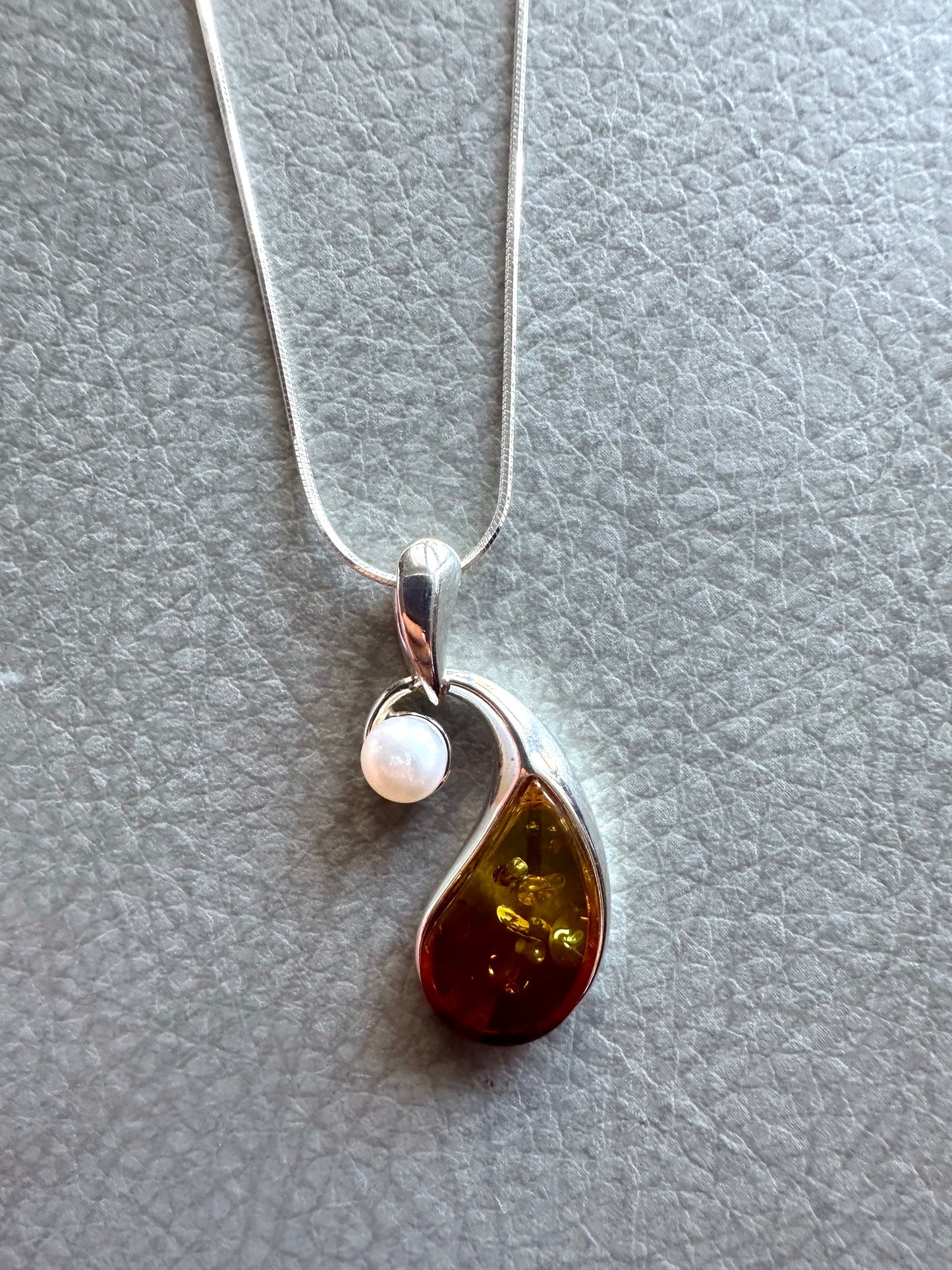 Sunset Amber Teardrop & Pearl Sterling Silver Necklace