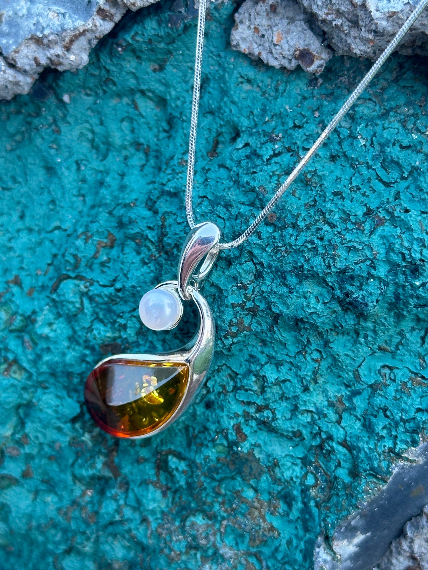 Sunset Amber Teardrop & Pearl Sterling Silver Necklace