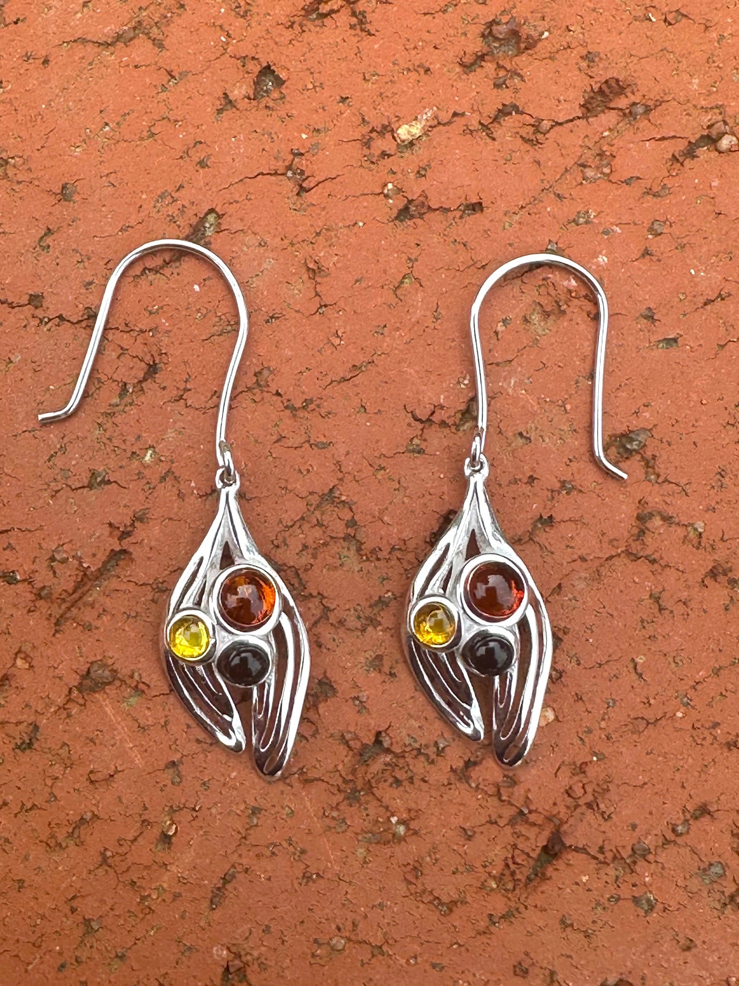 3 Amber Pieces Sterling Silver Earrings