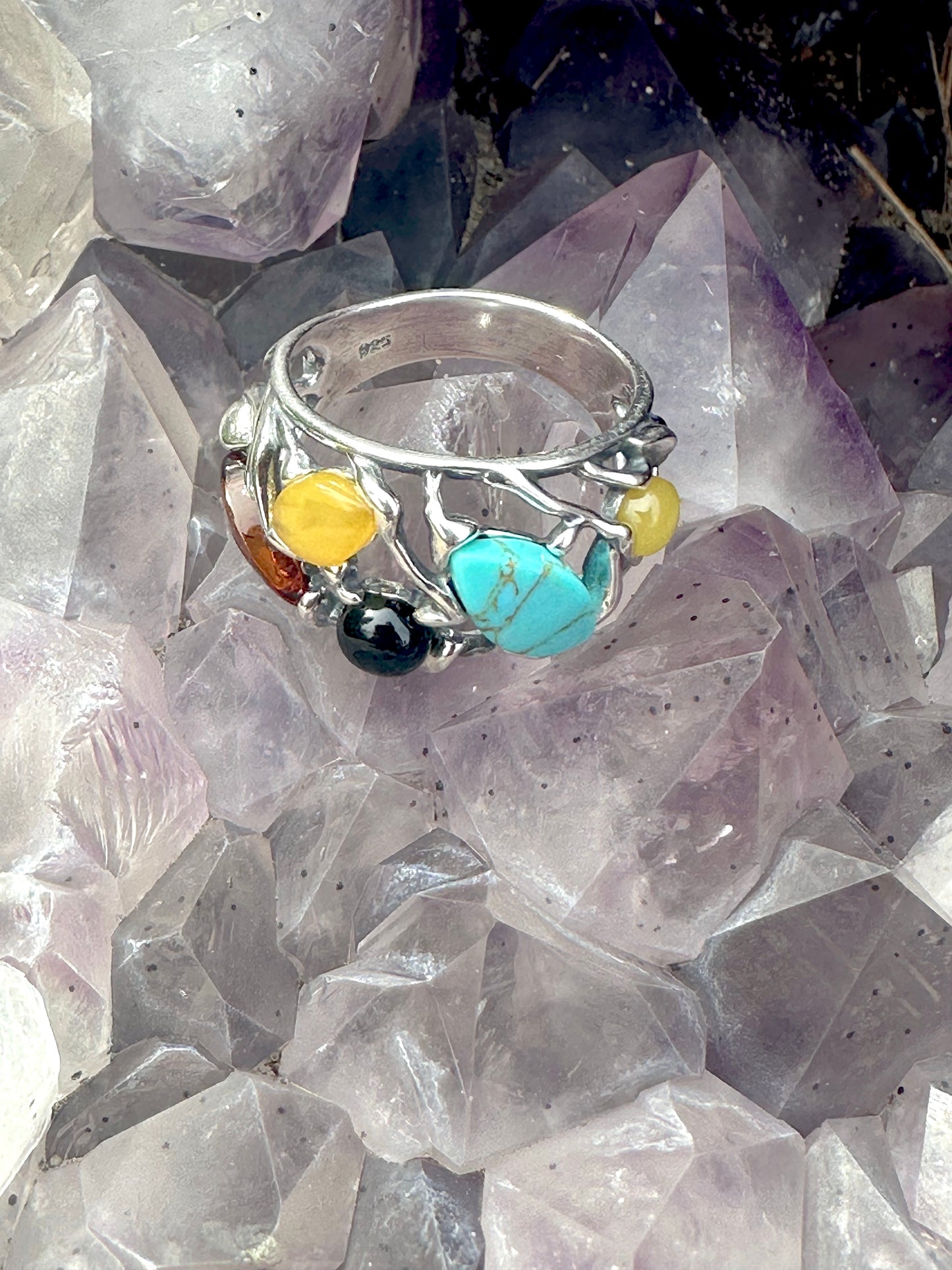 Turquoise & Garnet Milky Amber Decorative Sterling Silver Ring