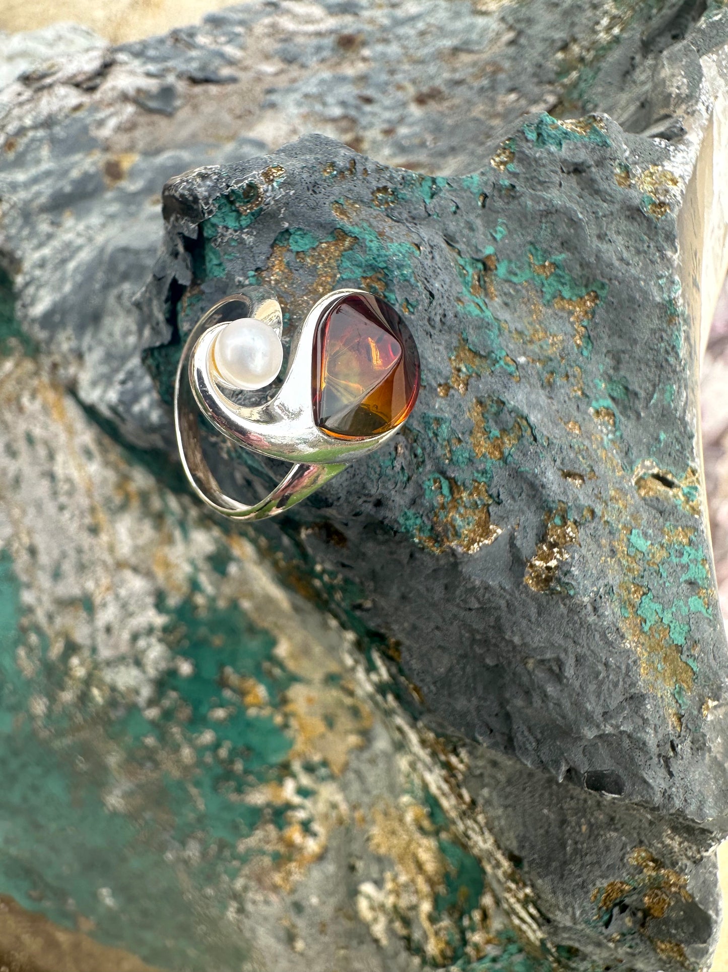 Sunset Amber & Pearl Sterling Silver Ring