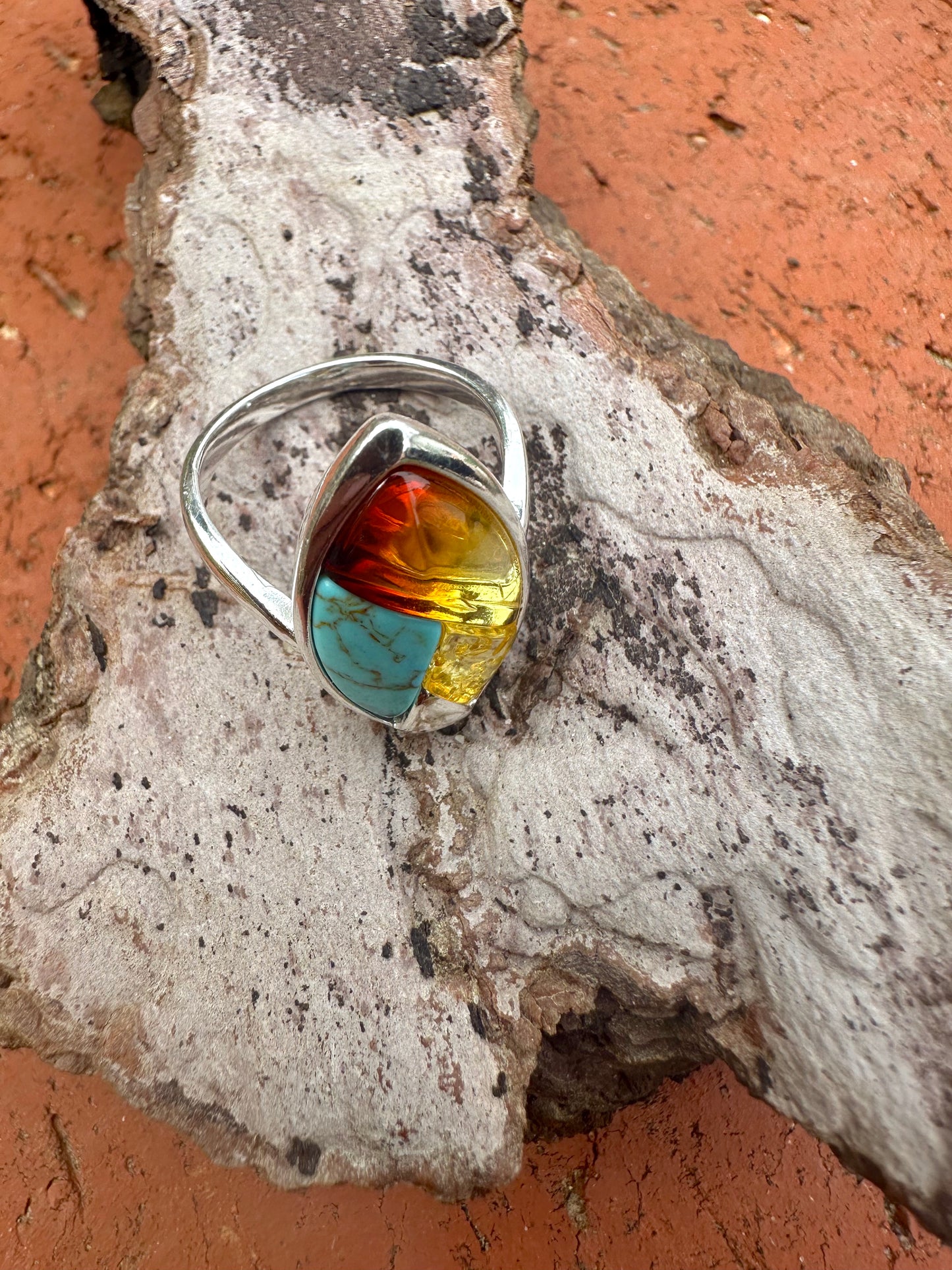 Turquoise & Amber Sterling Silver Ring