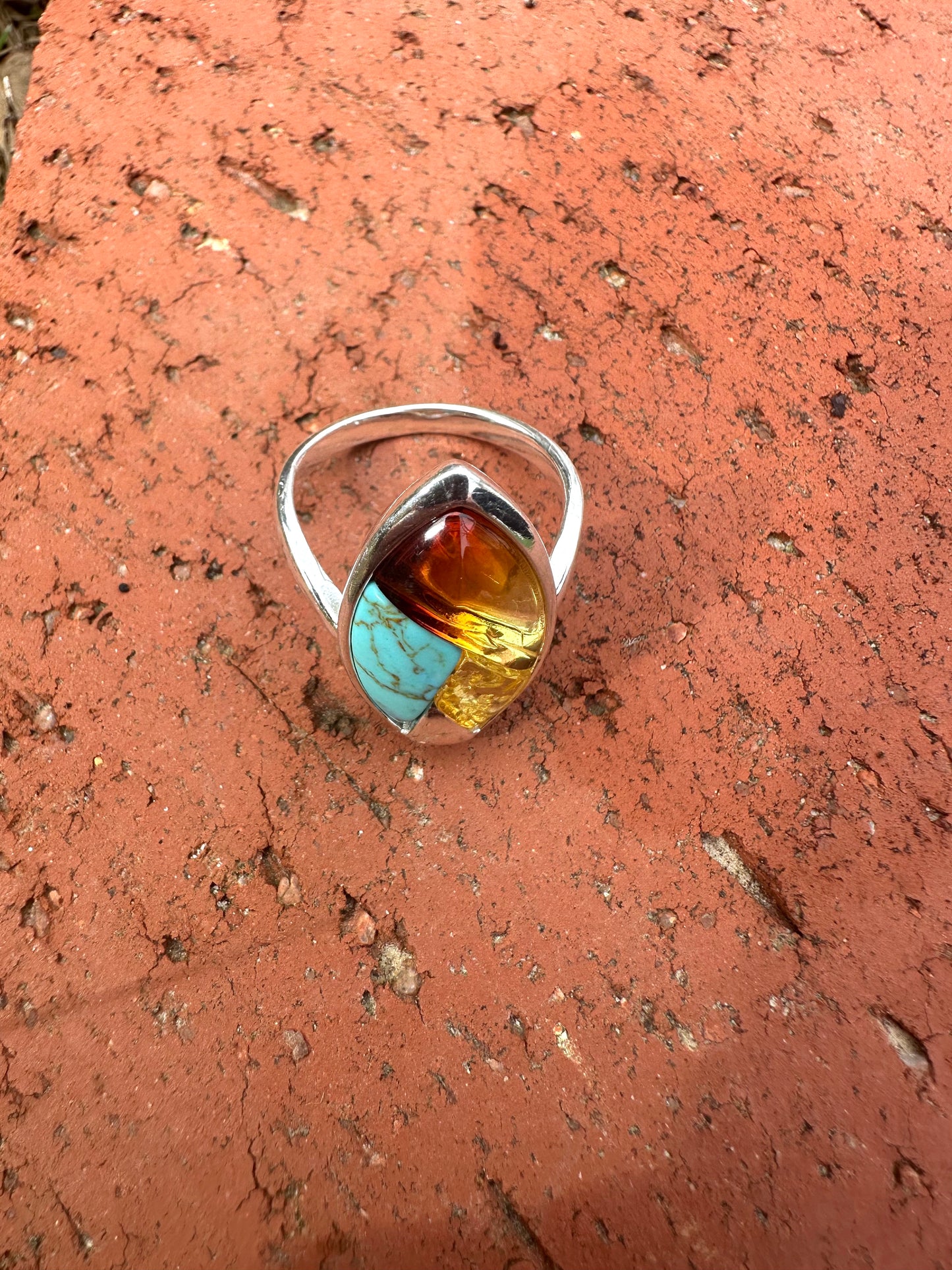 Turquoise & Amber Sterling Silver Ring