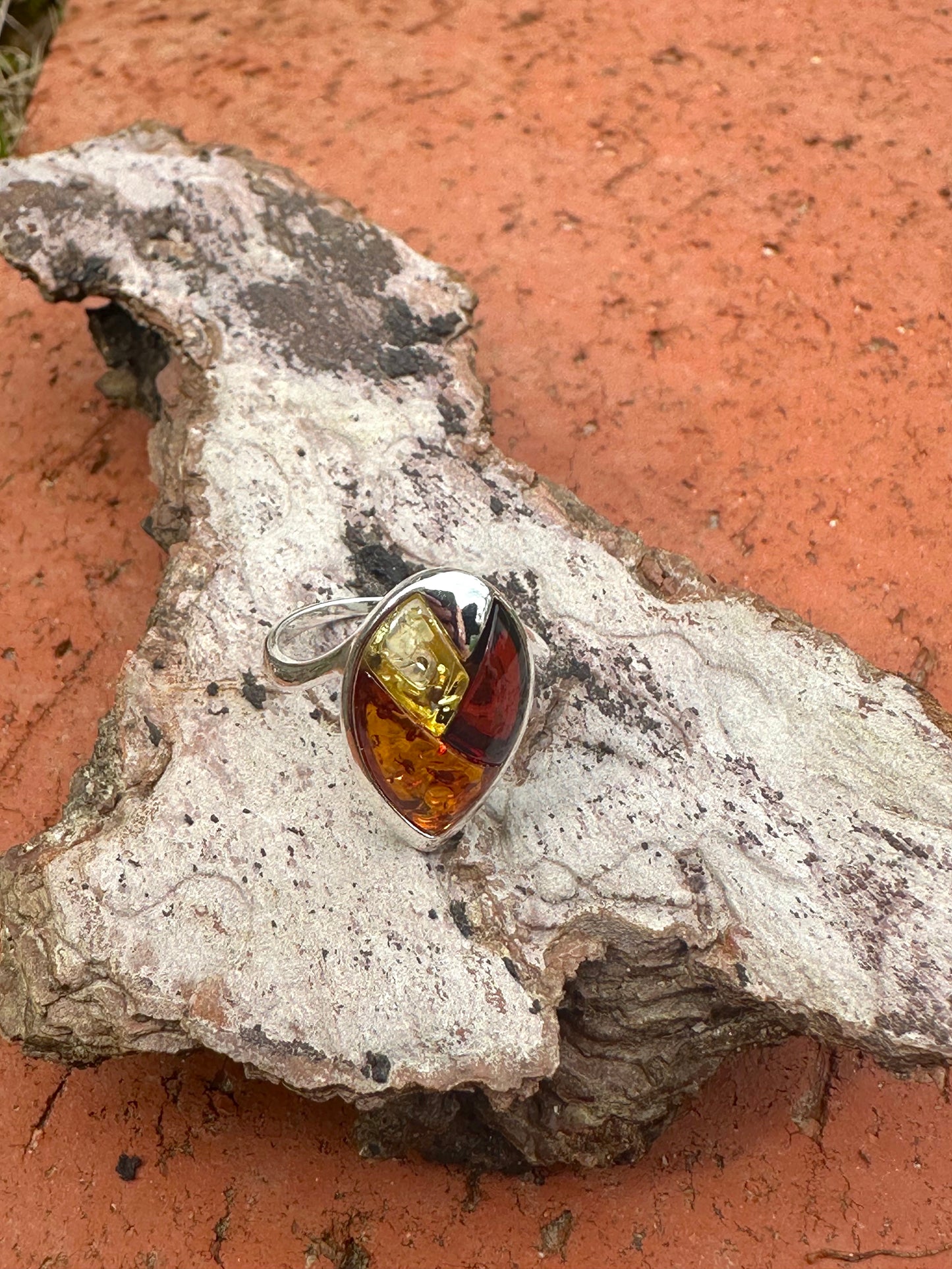 3 Shades of Amber Teardrop Sterling Silver Ring