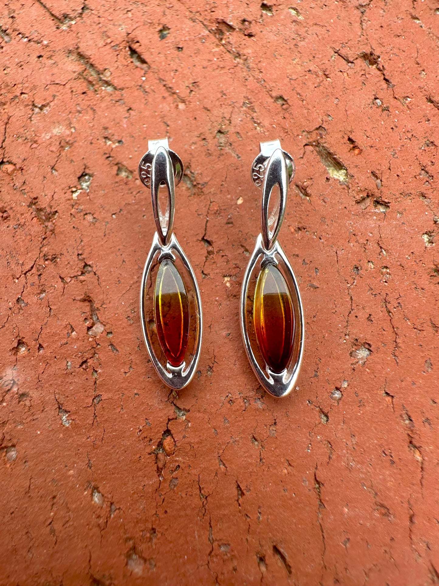 Small Oval Sunset Amber Sterling Silver Earrings