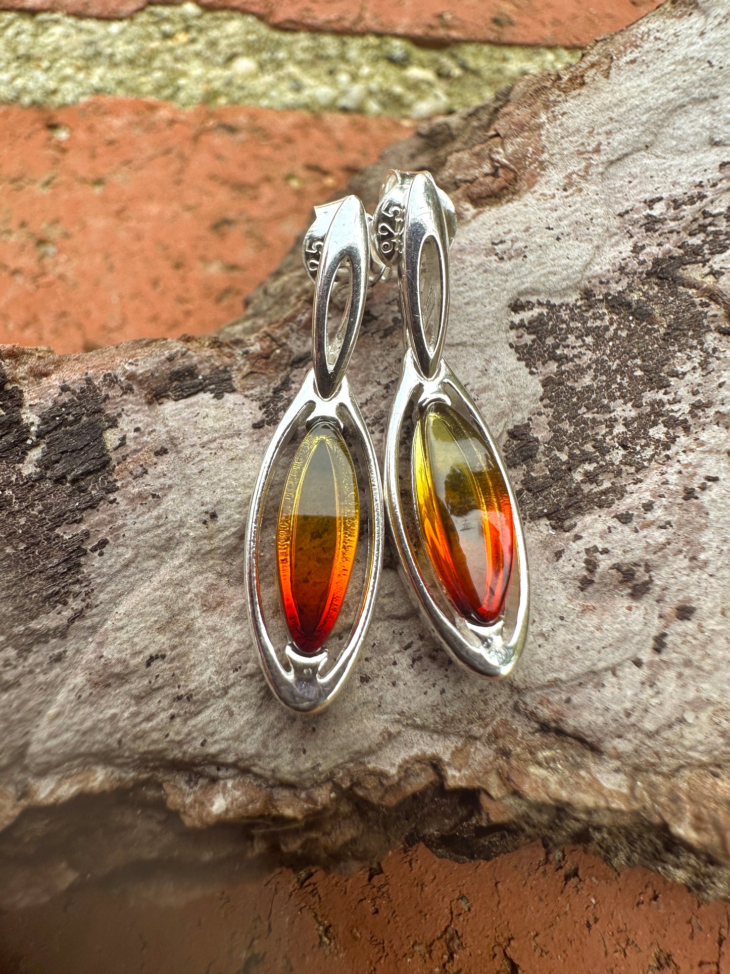Small Oval Sunset Amber Sterling Silver Earrings