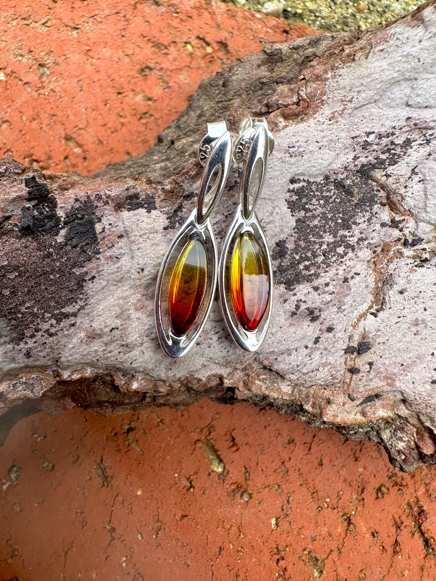 Small Oval Sunset Amber Sterling Silver Earrings