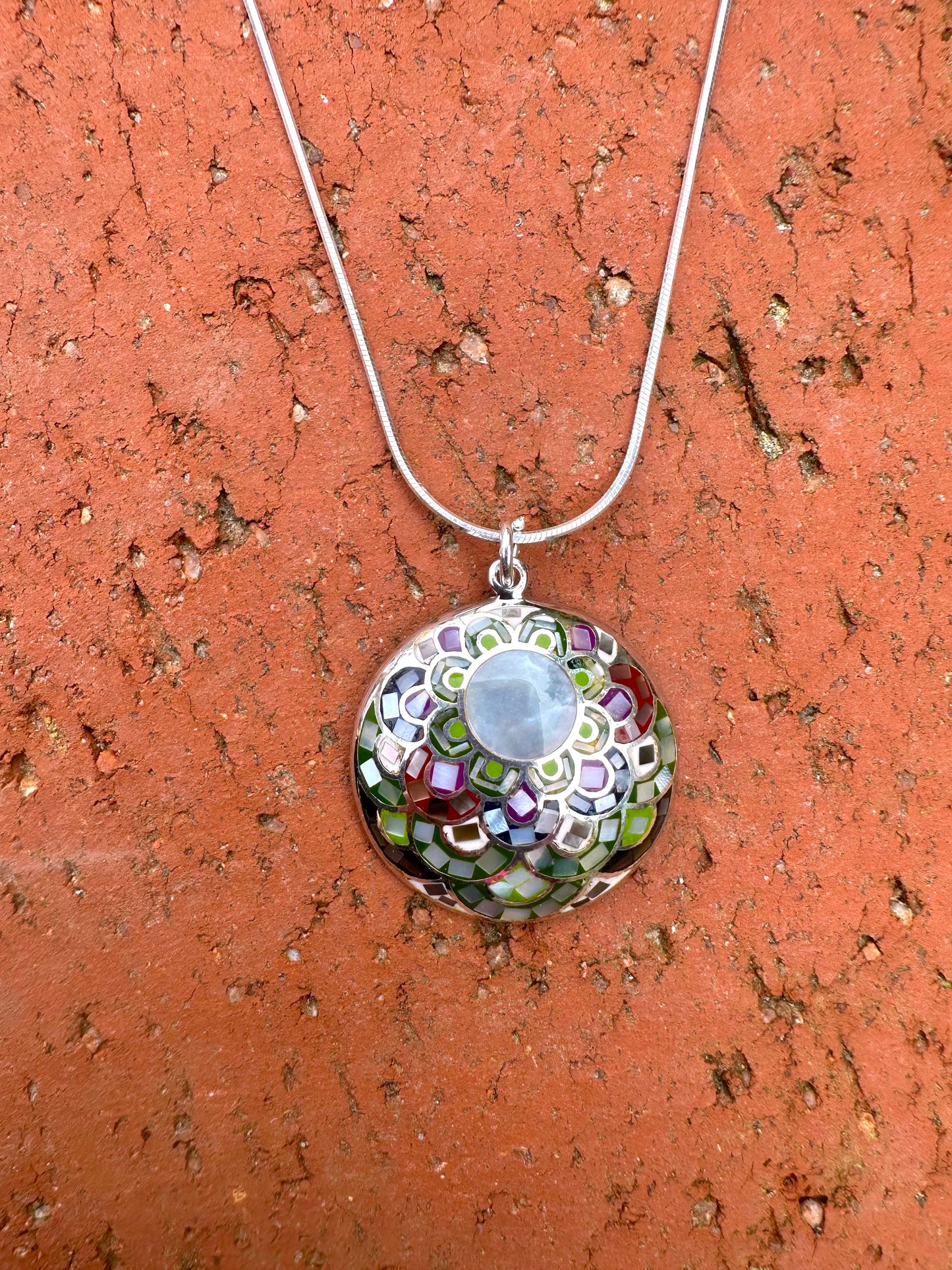 Mosaic Blue, Brown, Purple & Green Round Sterling Silver Necklace