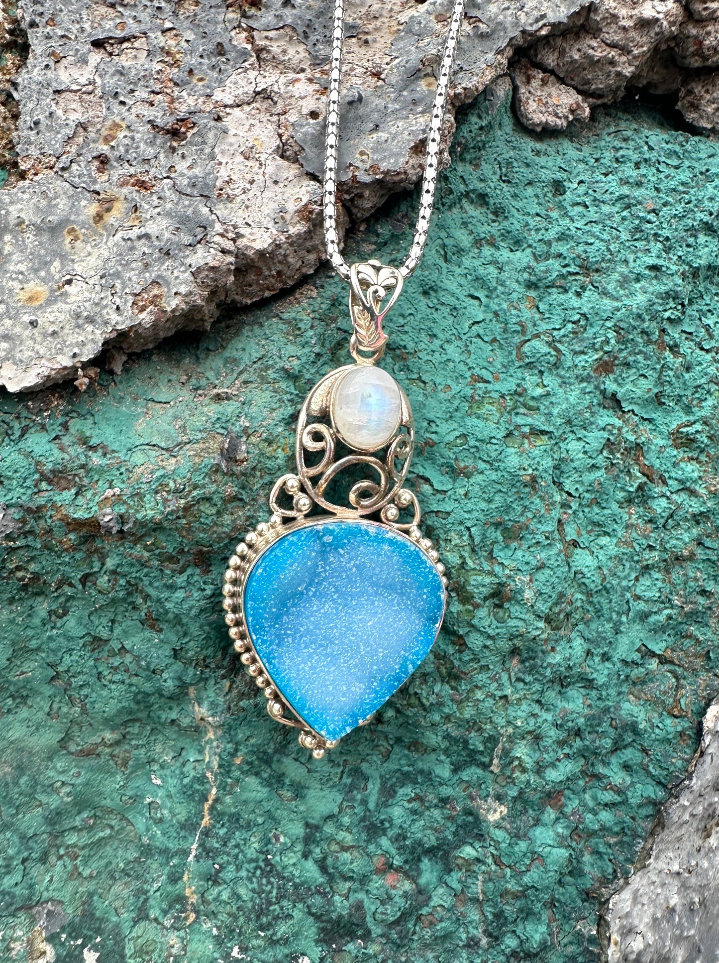 Blue Druzy Heart Shape & Moonstone Sterling Silver Necklace