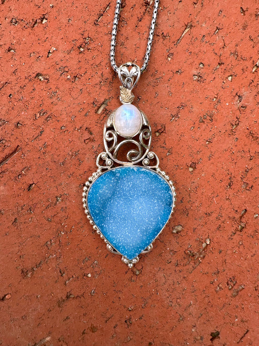 Blue Druzy Heart Shape & Moonstone Sterling Silver Necklace