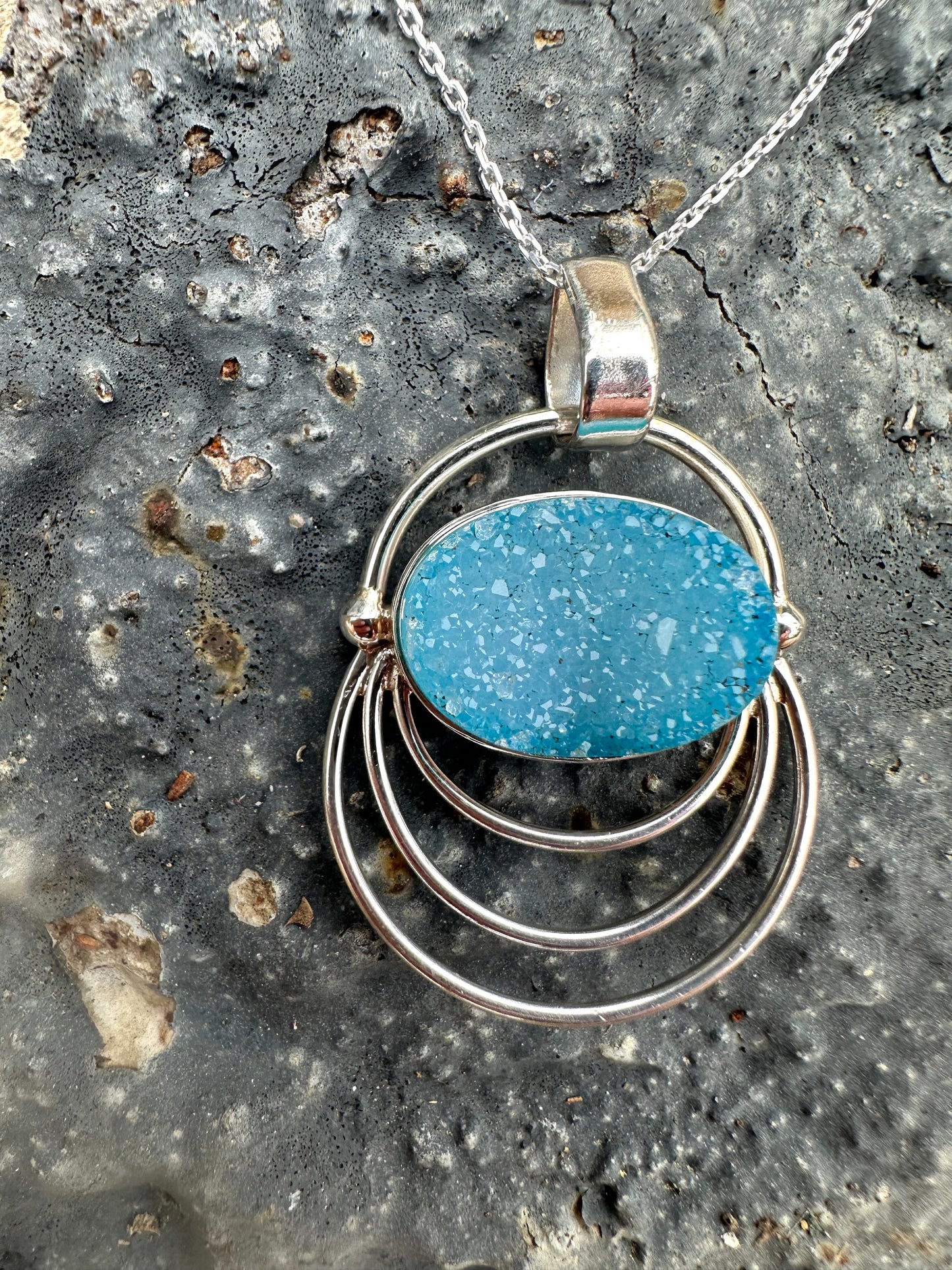 Blue Druzy Oval 3 Wires Sterling Silver Necklace