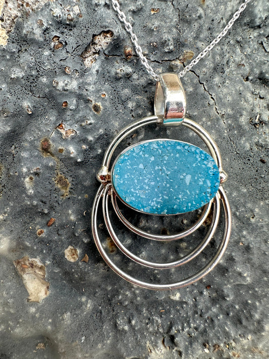 Blue Druzy Oval 3 Wires Sterling Silver Necklace