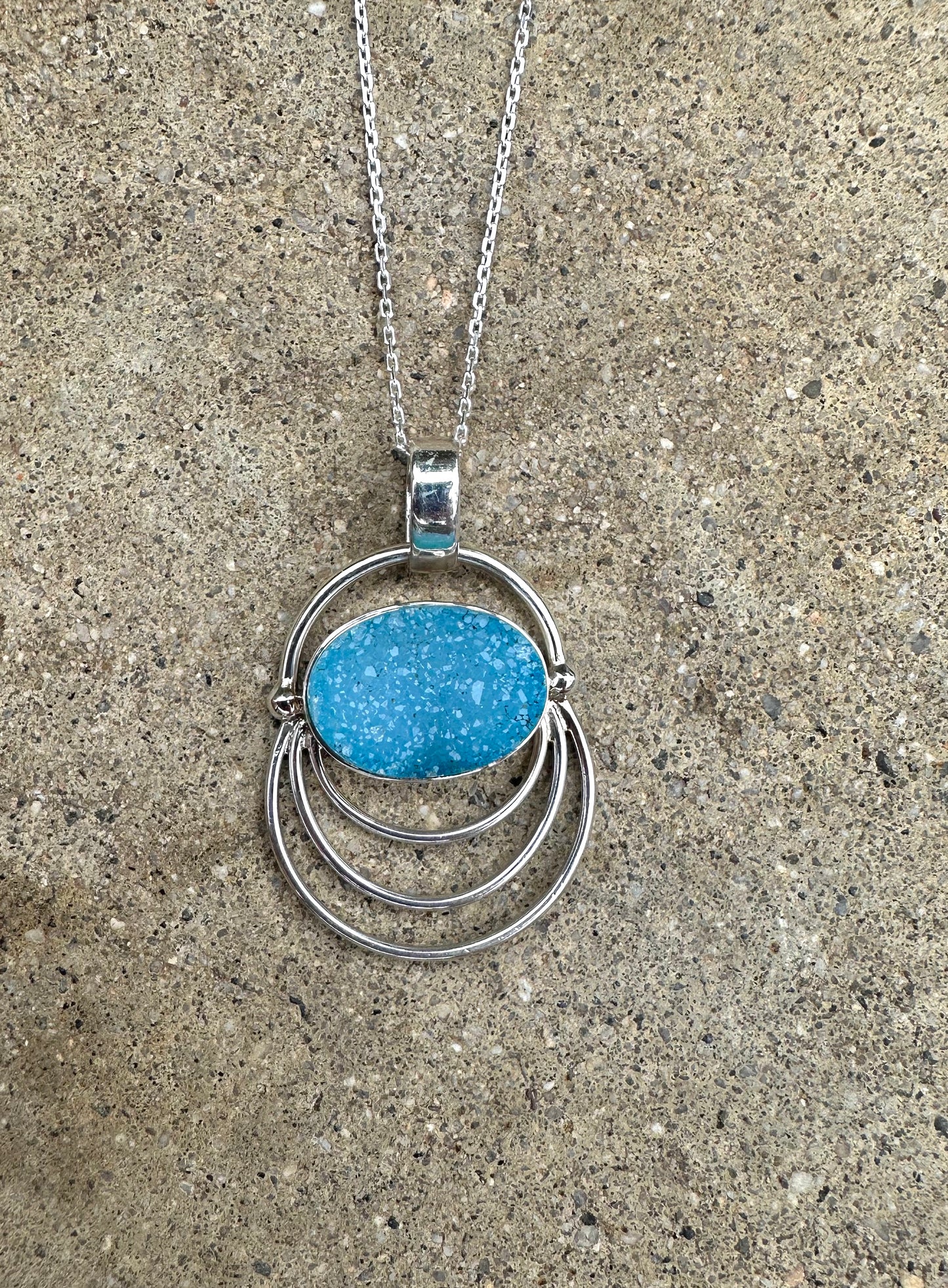 Blue Druzy Oval 3 Wires Sterling Silver Necklace