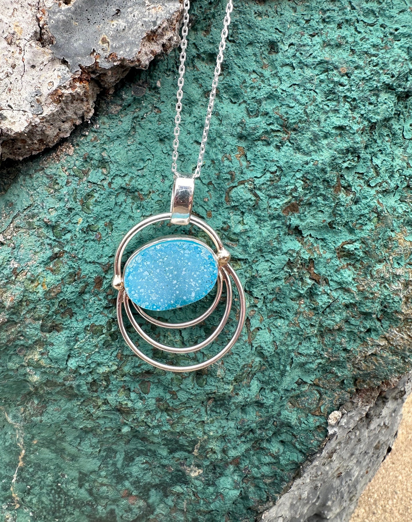Blue Druzy Oval 3 Wires Sterling Silver Necklace