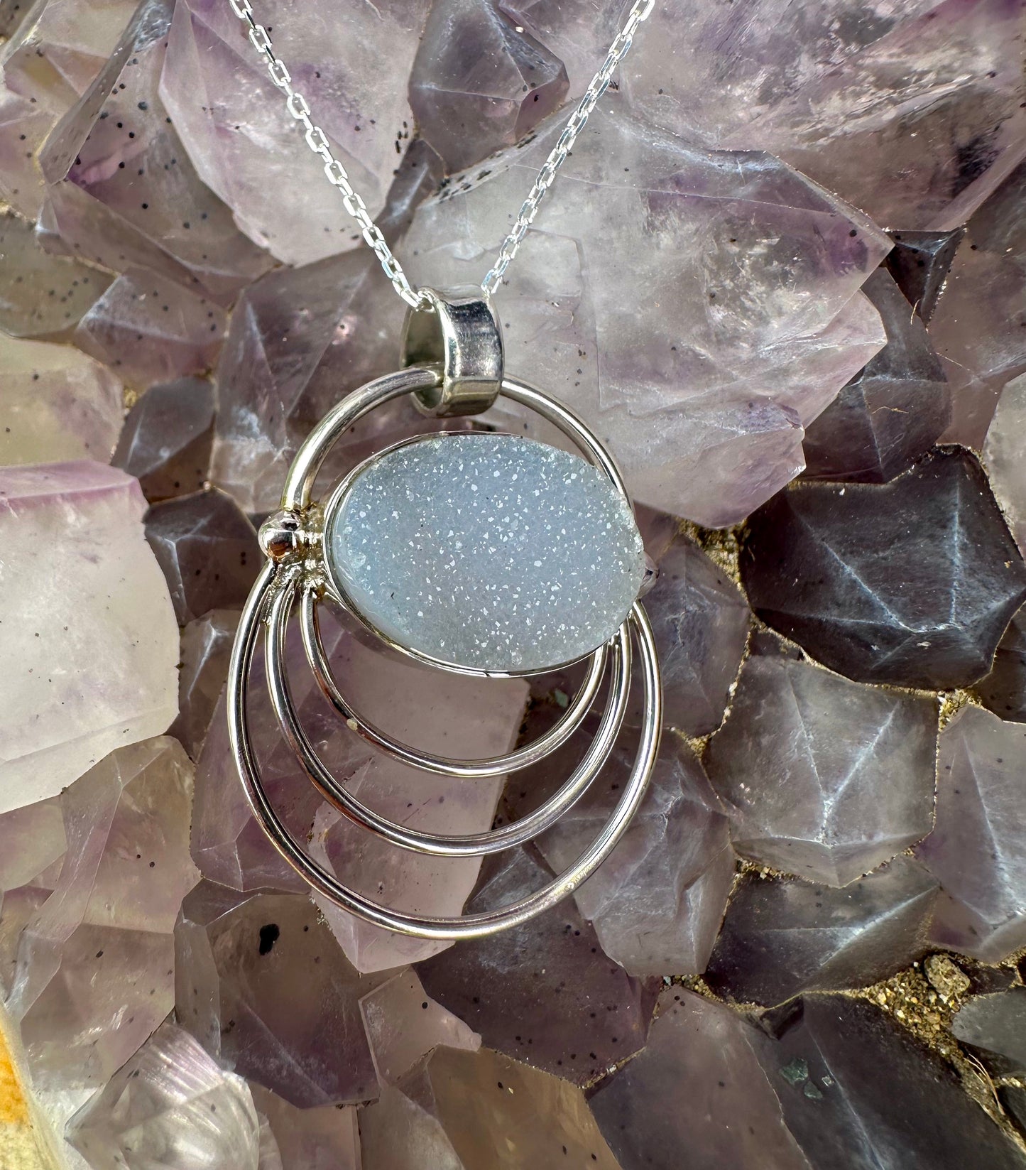 White Druzy Oval 3 Wires Sterling Silver Necklace
