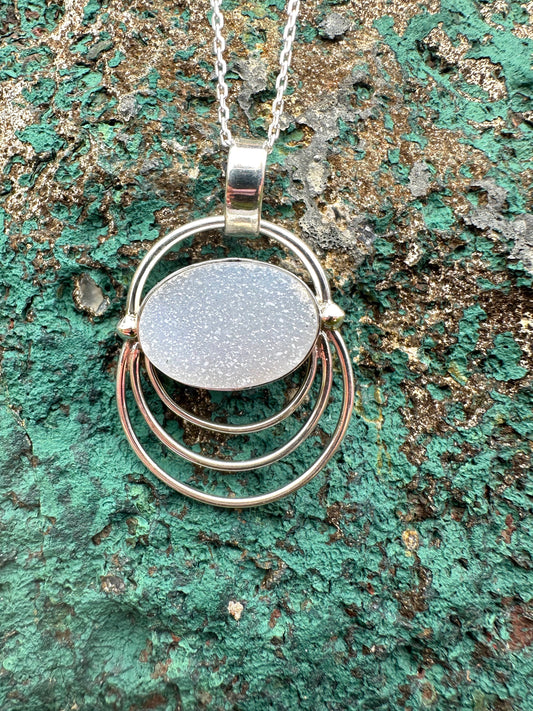 White Druzy Oval 3 Wires Sterling Silver Necklace
