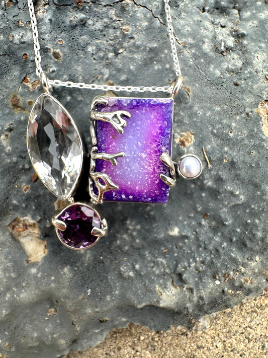 Purple Druzy C.Z. & Pearl & Amethyst Sterling Silver Necklace