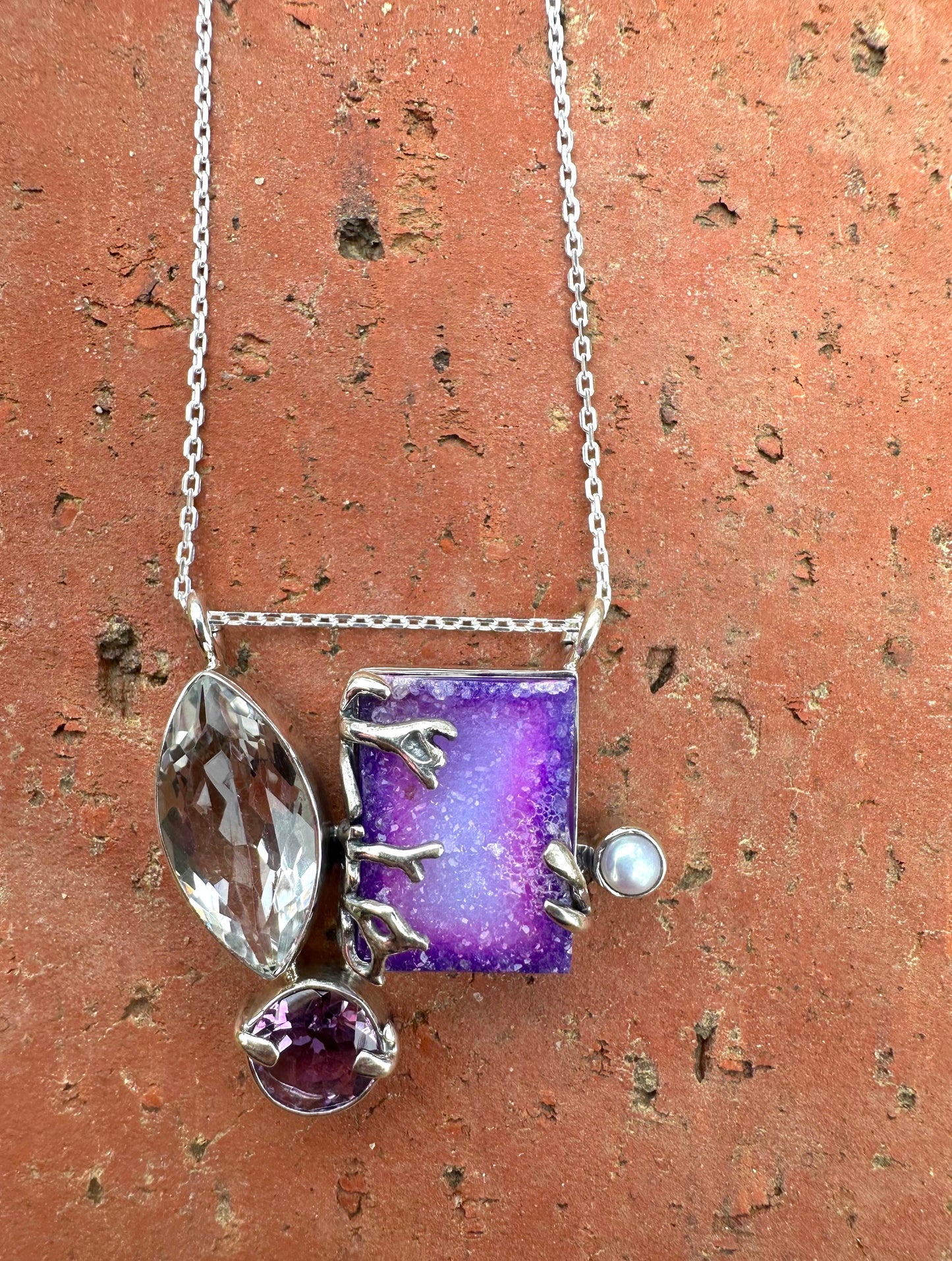 Purple Druzy C.Z. & Pearl & Amethyst Sterling Silver Necklace