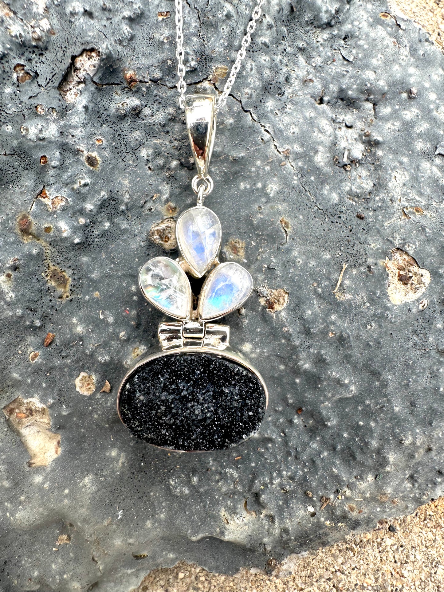 Black Druzy & Moonstone Sterling Silver Necklace