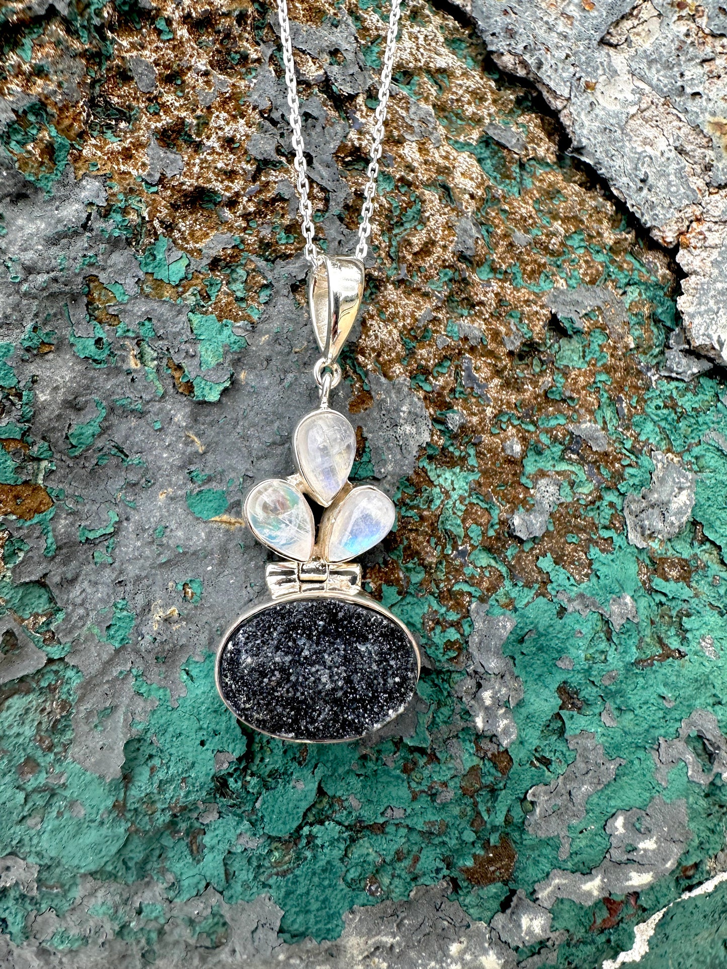 Black Druzy & Moonstone Sterling Silver Necklace