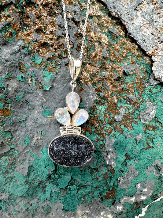 Black Druzy & Moonstone Sterling Silver Necklace