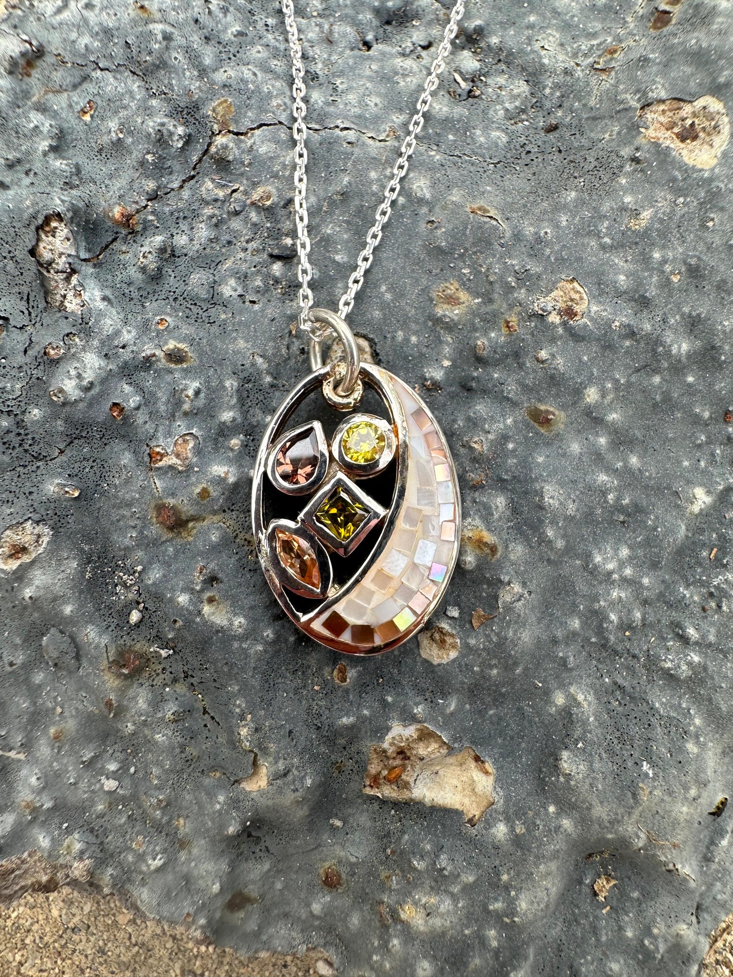 Mosaic 4 Warm Colors Sterling Silver Necklace