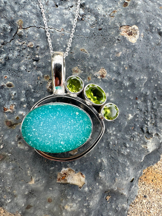 Green Druzy & Peridot Stone Sterling Silver  Necklace