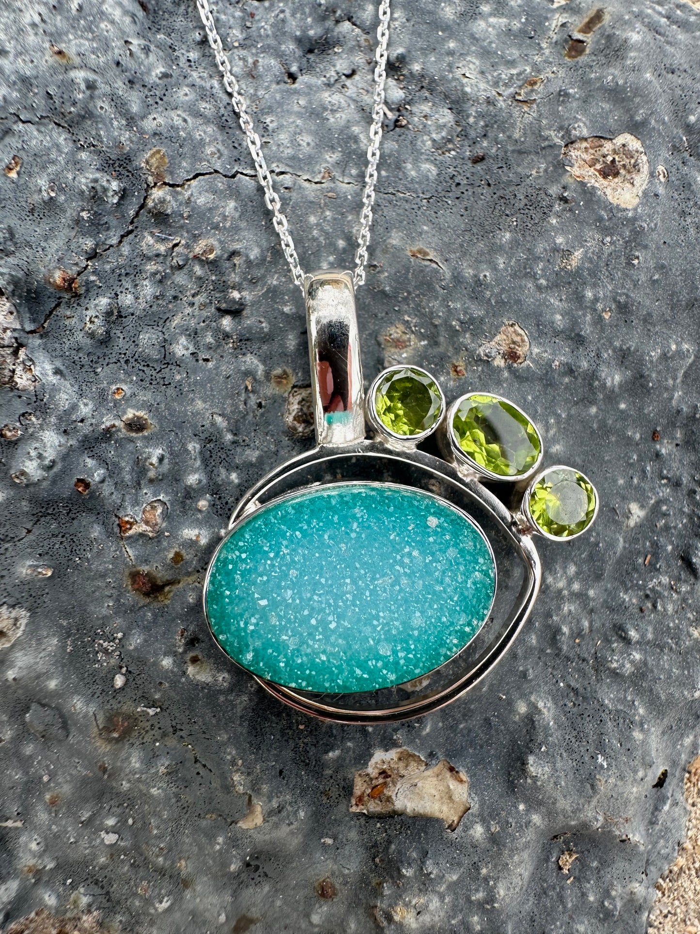 Green Druzy & Peridot Stone Sterling Silver Necklace