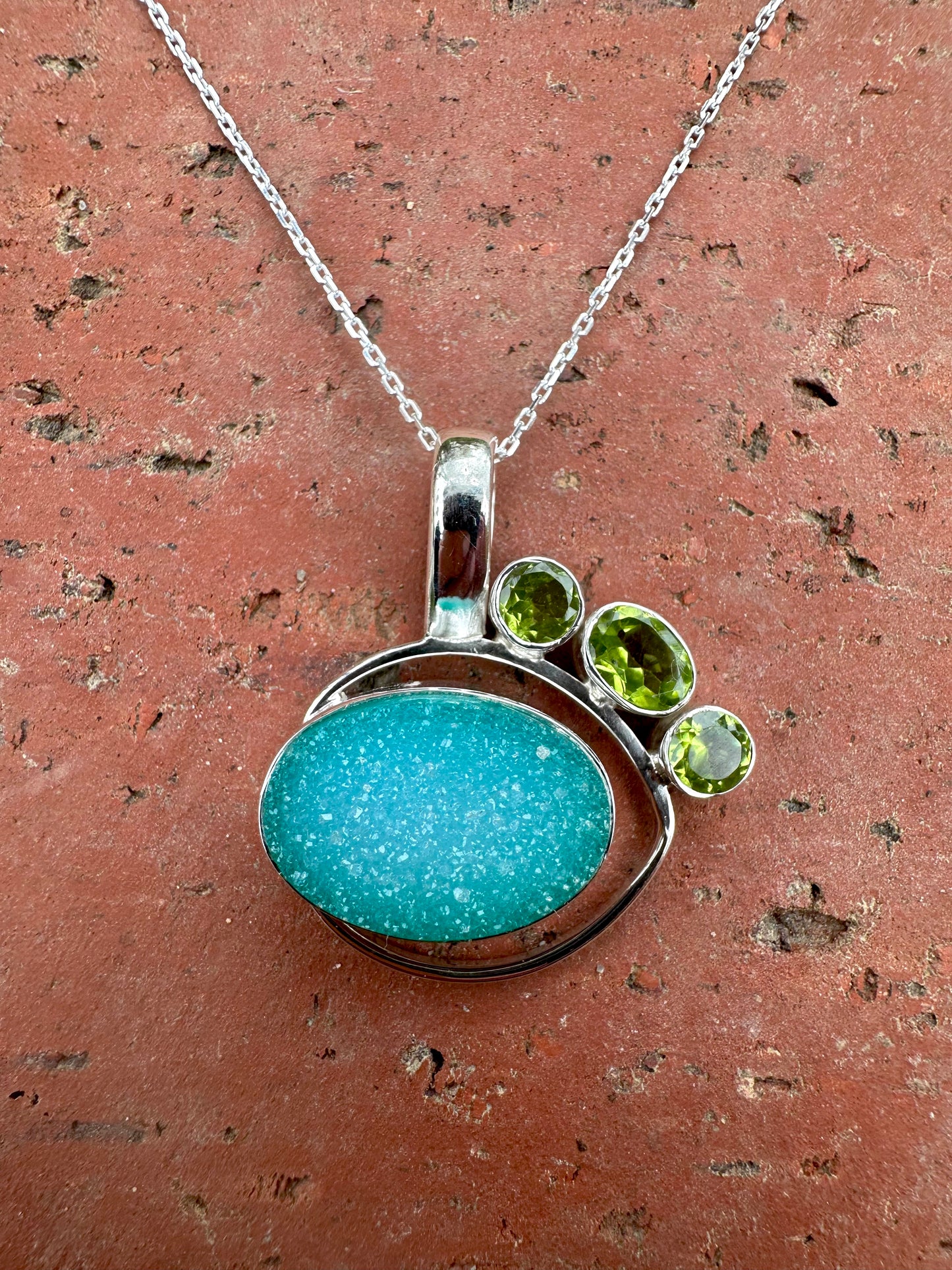Green Druzy & Peridot Stone Sterling Silver Necklace